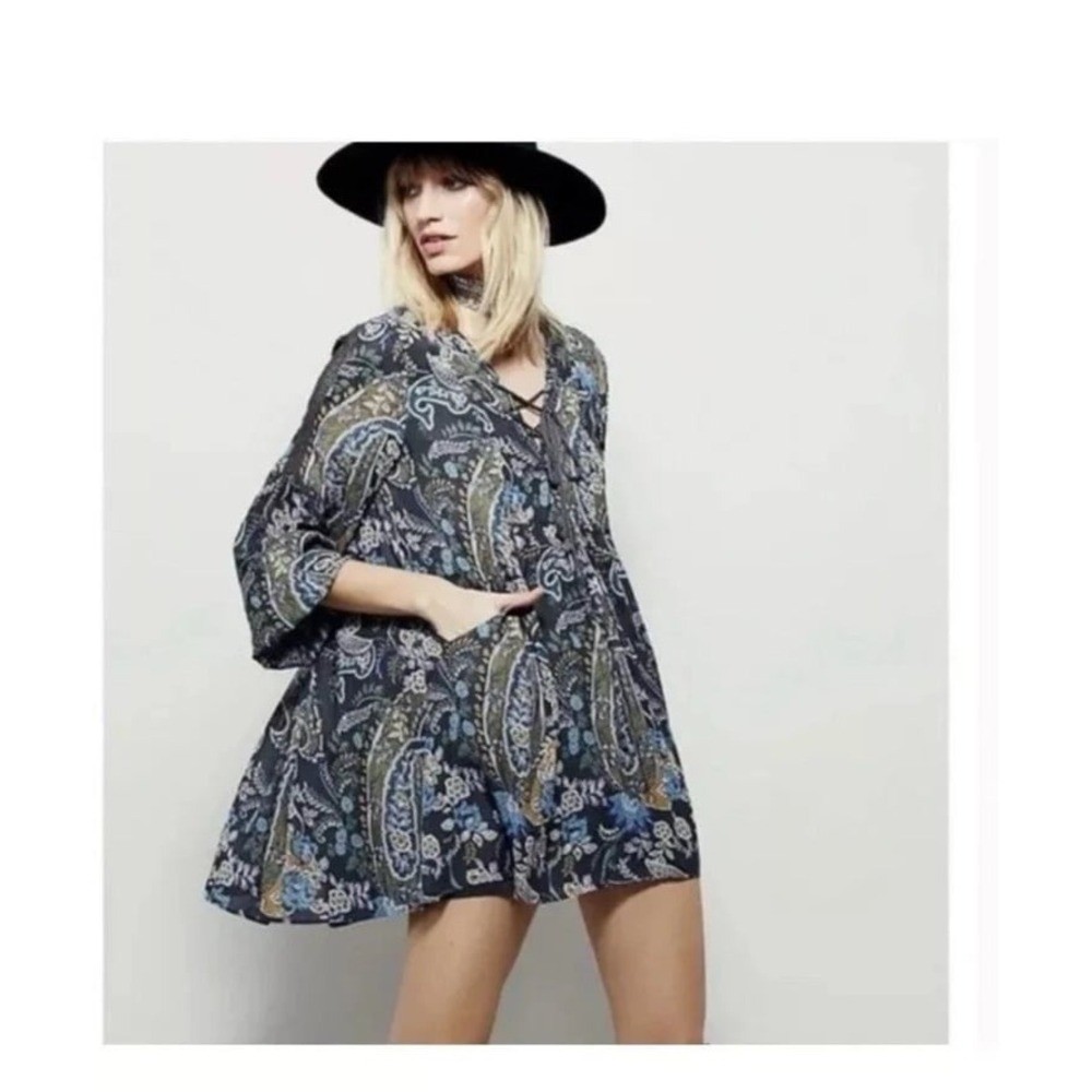 Free People Mini Dress Boho Baby Doll Lined Moss green S/P Peasant Flowy 80s