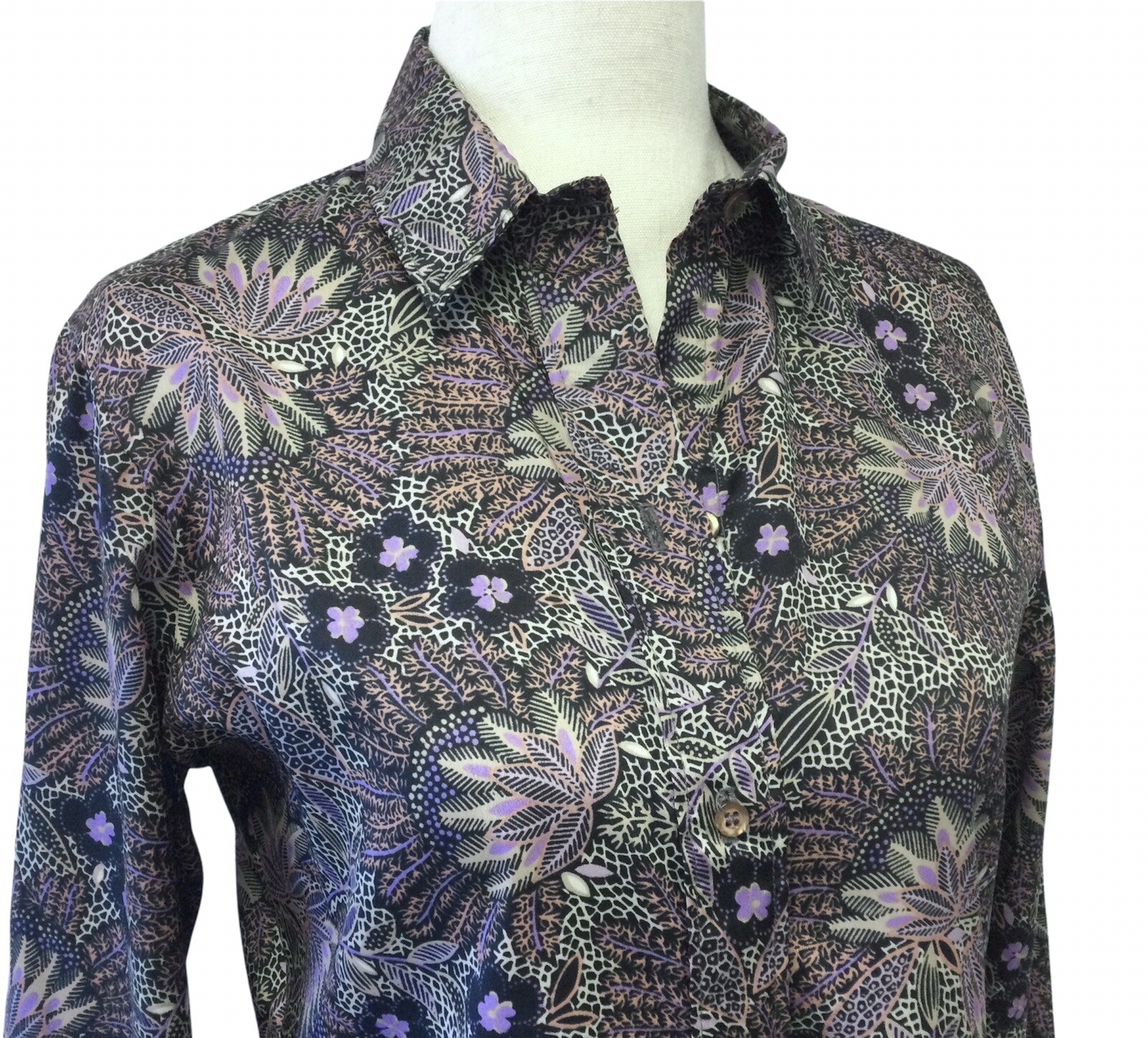 Vintage 70s Womens Button Up Polyester Shirt JUNIOR SMALL Mod Floral Silky
