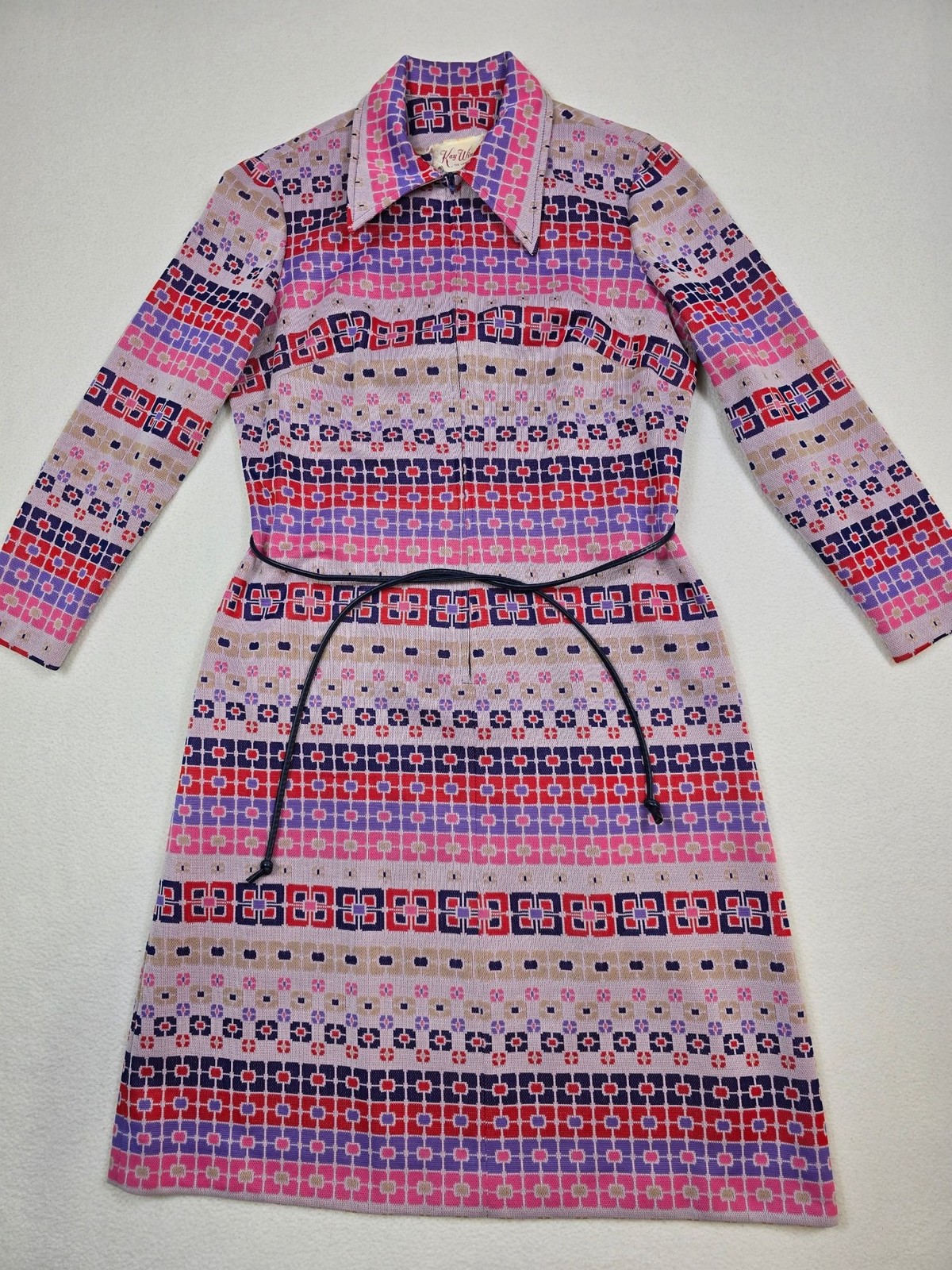 Vintage 60s 70s Kay Windsor S/M Long-Sleeve Belted Geometric Pattern Dress