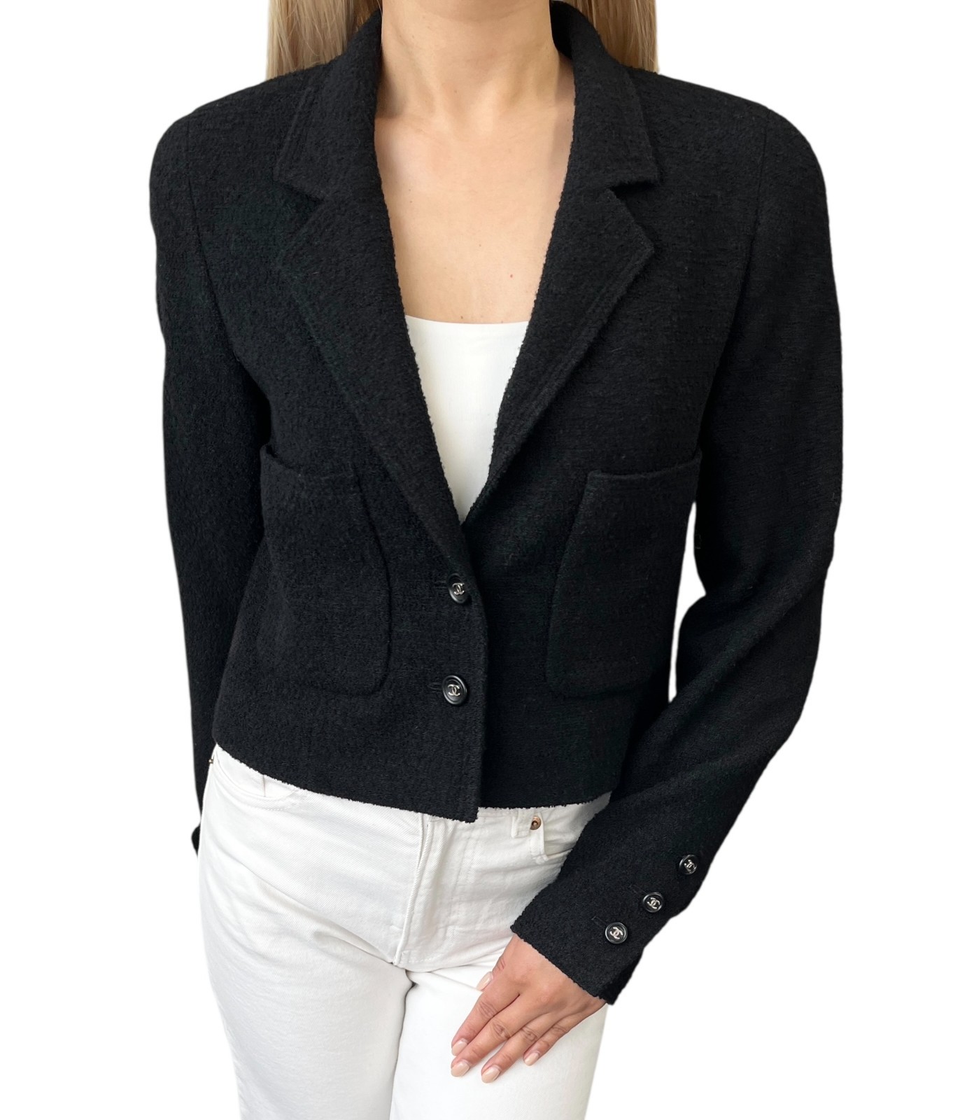 CHANEL Vintage 96P CC Logo Button Cropped Blazer Jacket #38 Black Silver