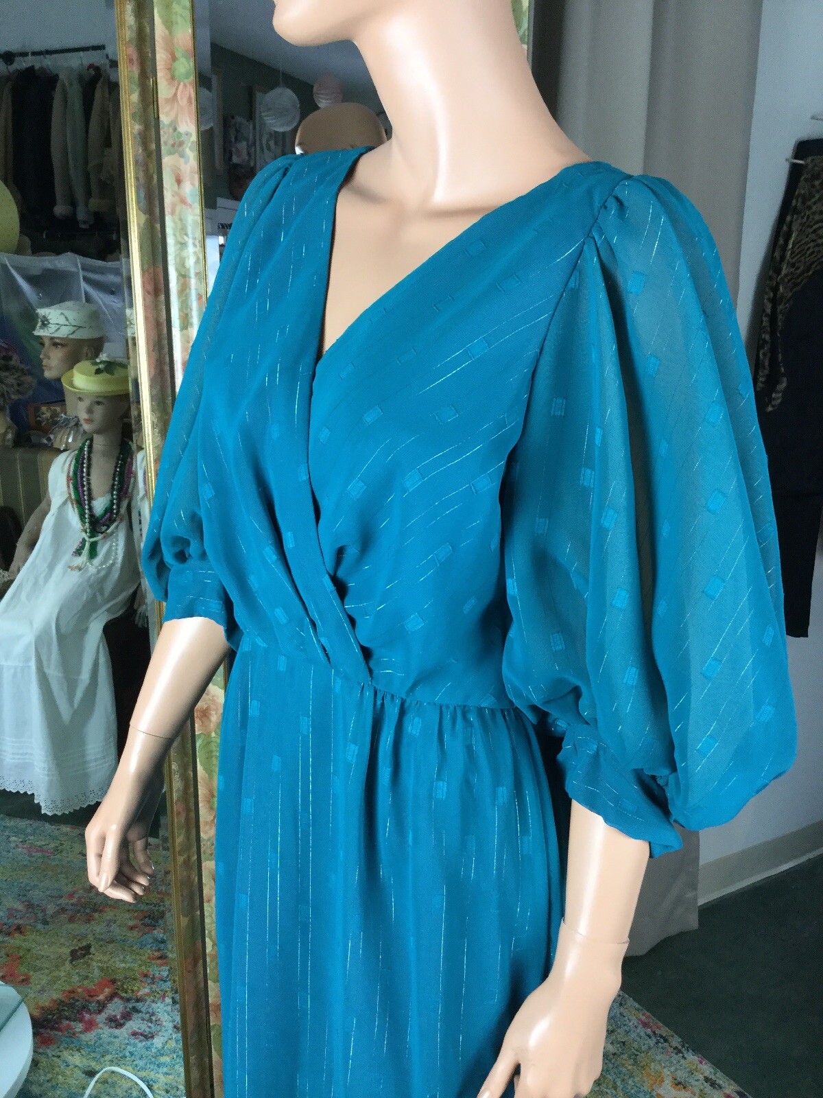 VTG David Morris Maxi Blue Silver Thread Gown Dress Lined Sz 10 Huge Sleeves