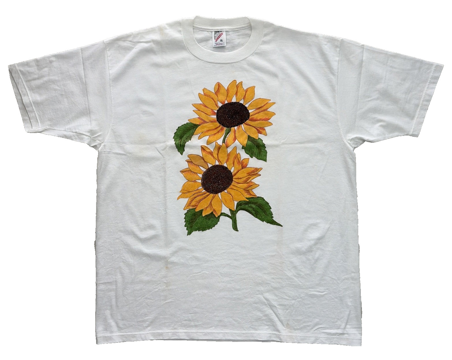 Vtg Jerzees Sunflower T Shirt Grid Flower Hand Painted Graphic Sze XL Yellow