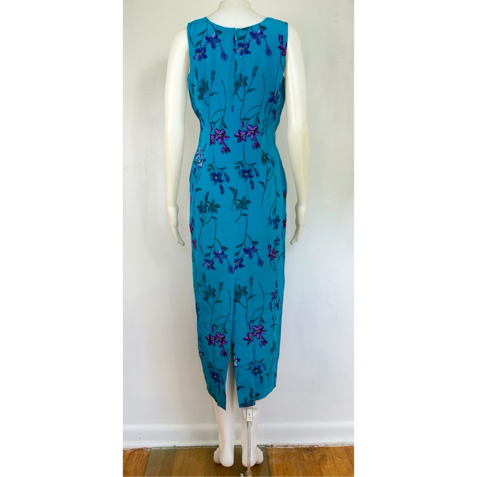 Vintage Bright Blue Floral Silk Dress Size Small 90s Sleeveless Midi Sundress