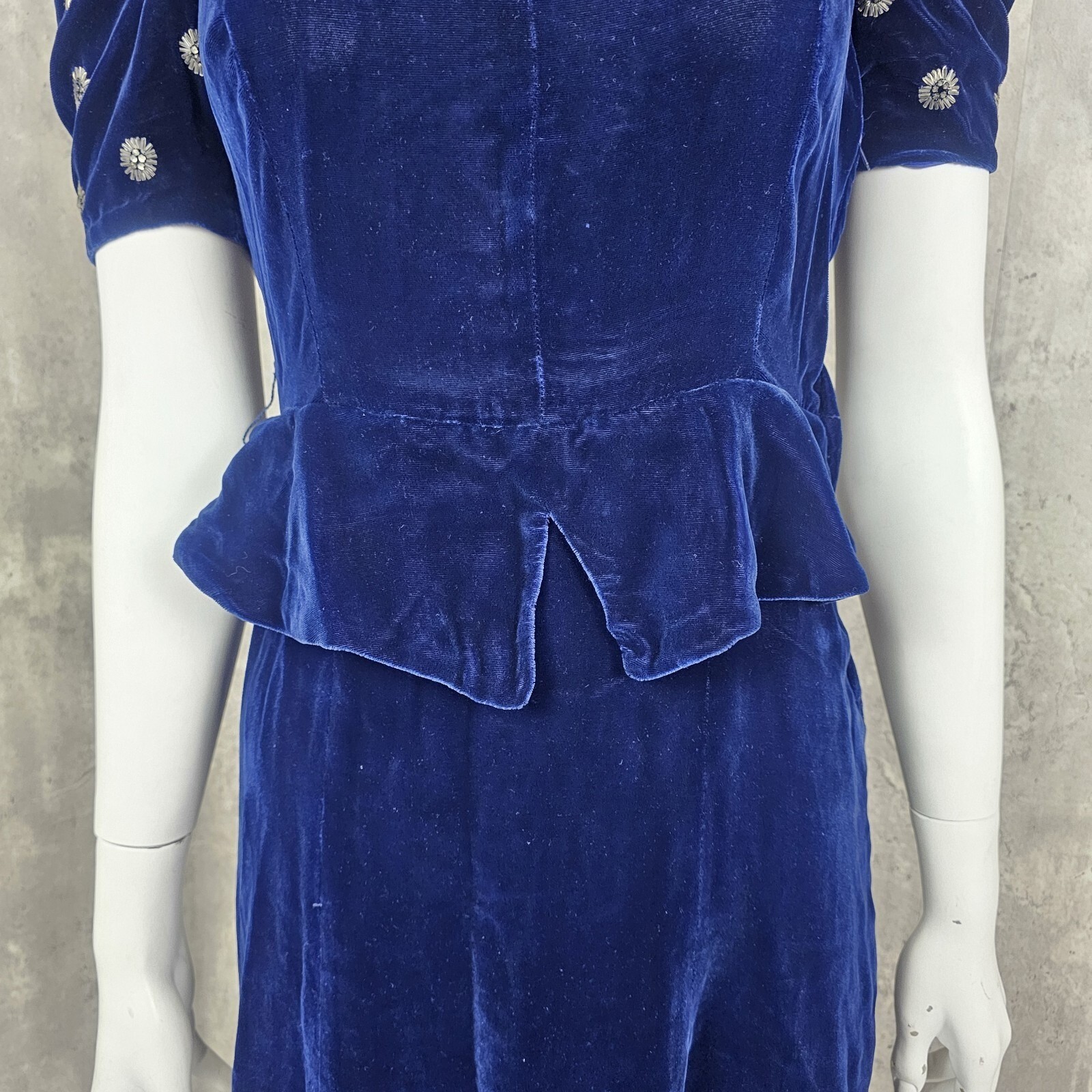 Vintage 30s Fashion Originators Guild Label Cobalt Blue Silk Velvet Peplum Dress