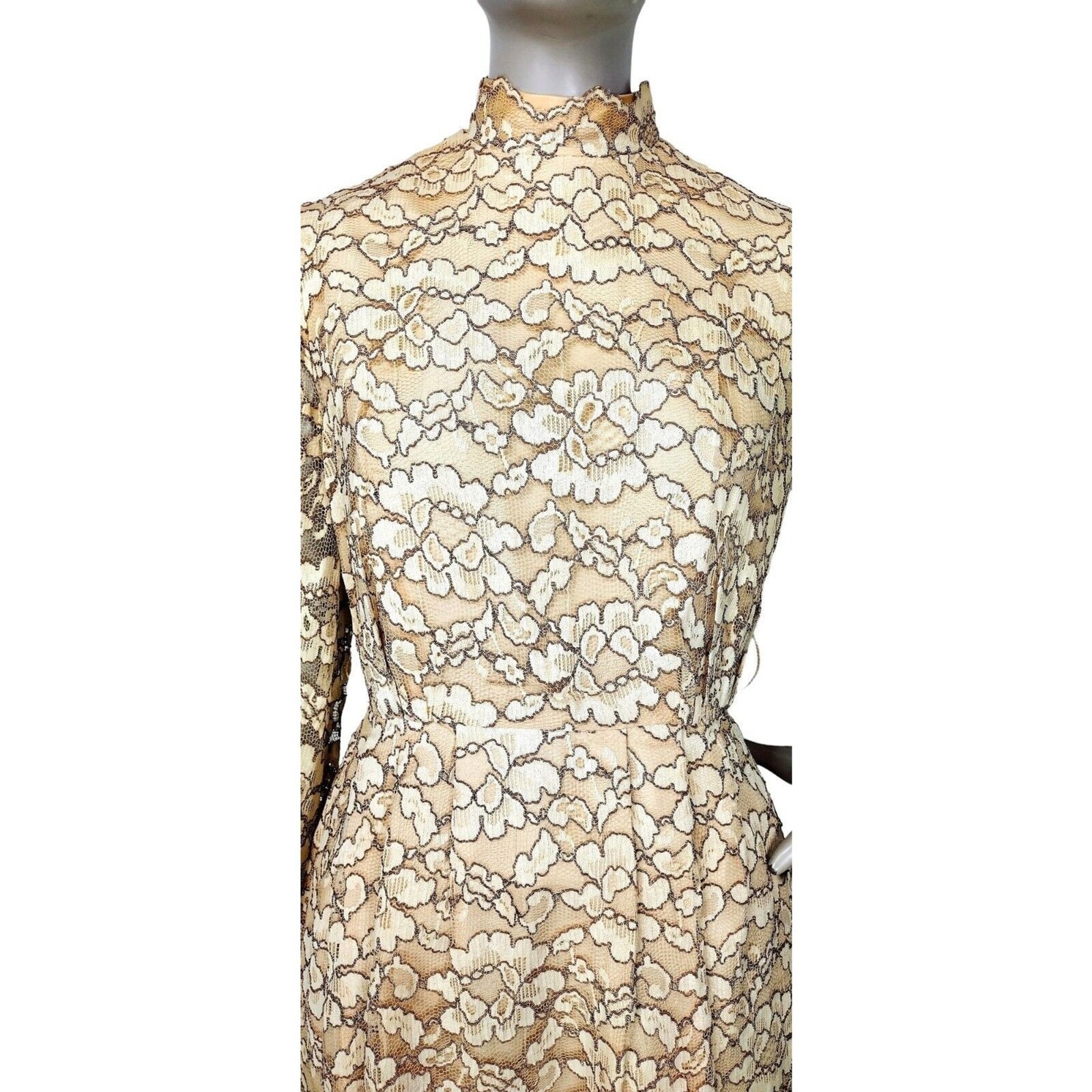 Vintage 60s Beige Gold Floral Lace Scalloped Edge Balloon Sleeve Mini Dress