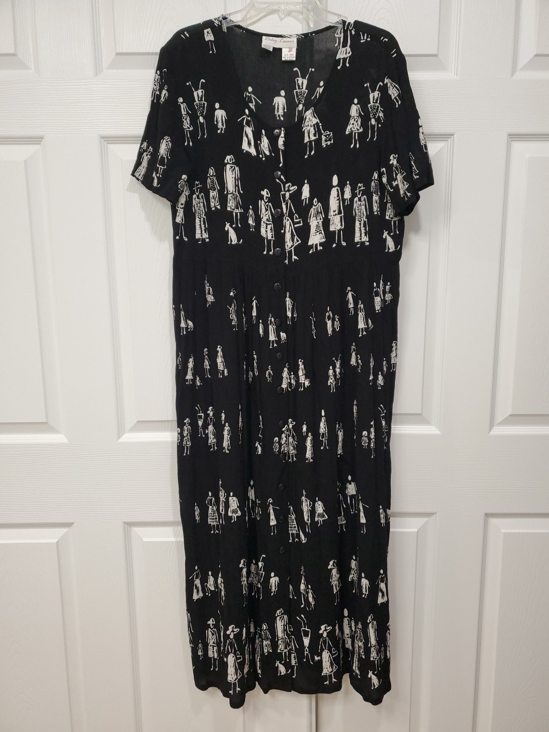 Betsy Lauren Button-Up Maxi Dress Black Size 14 Unique Pattern Of People Vtg