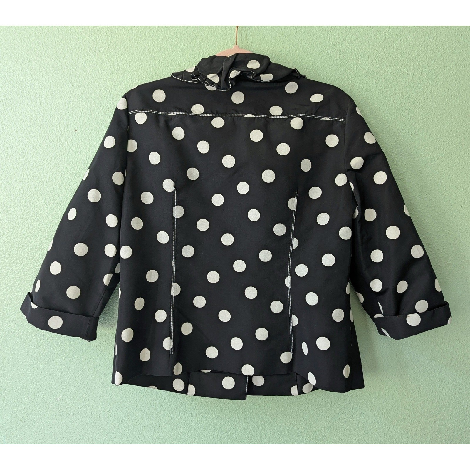 Vintage 90s Carlisle 100% Silk Polka Dot Jacket Black White Ruffle Collar