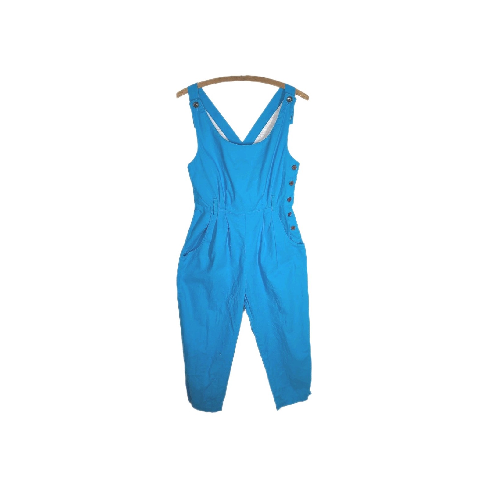 Vtg 80s Cotton Jumpsuit Blue Retro Pinup Juniors 11 M L Cross Back Button Side