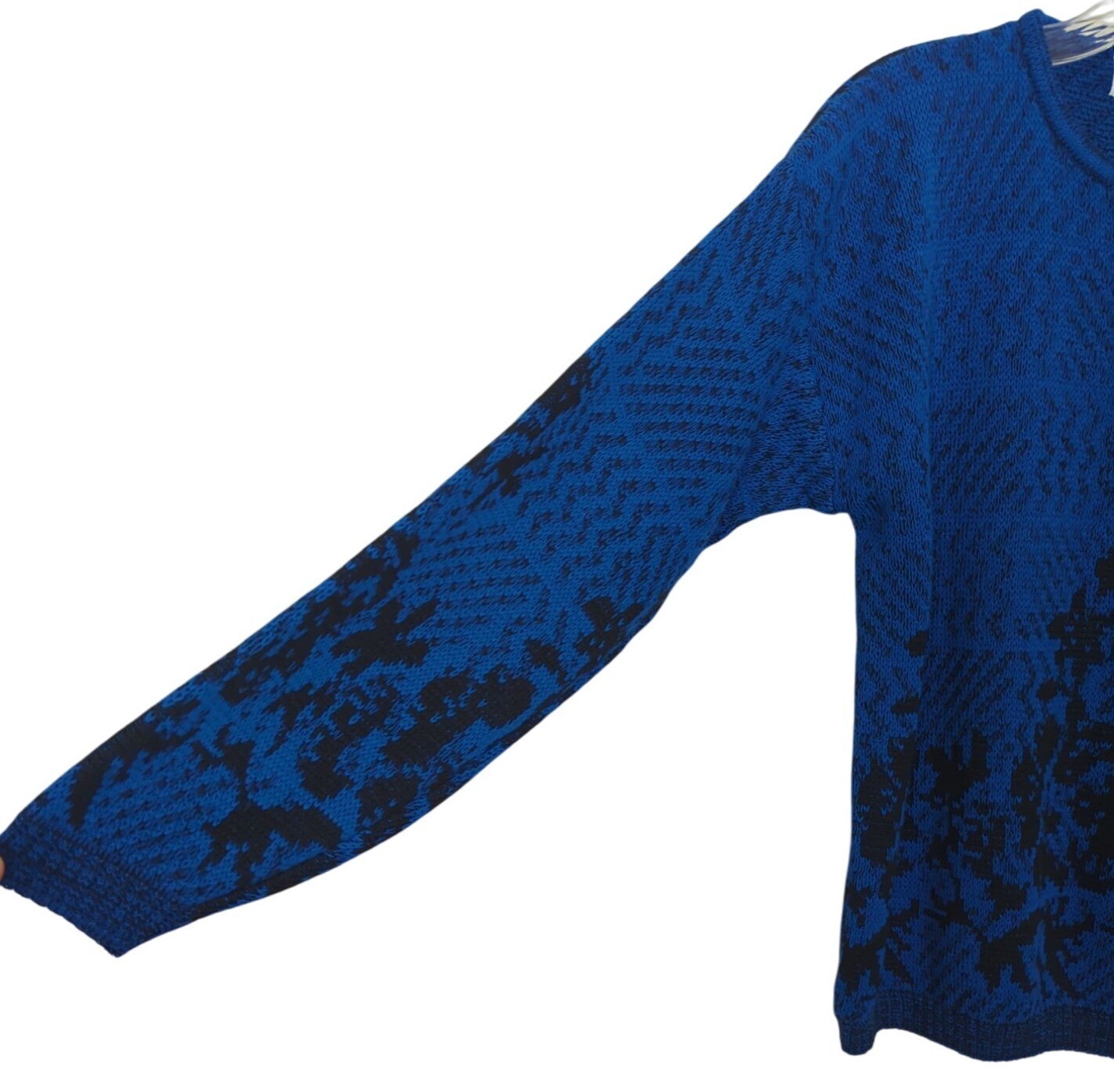 Vintage Tan F Jay long sleeve Sweater Blue & Black abstract floral Pattern Sz M