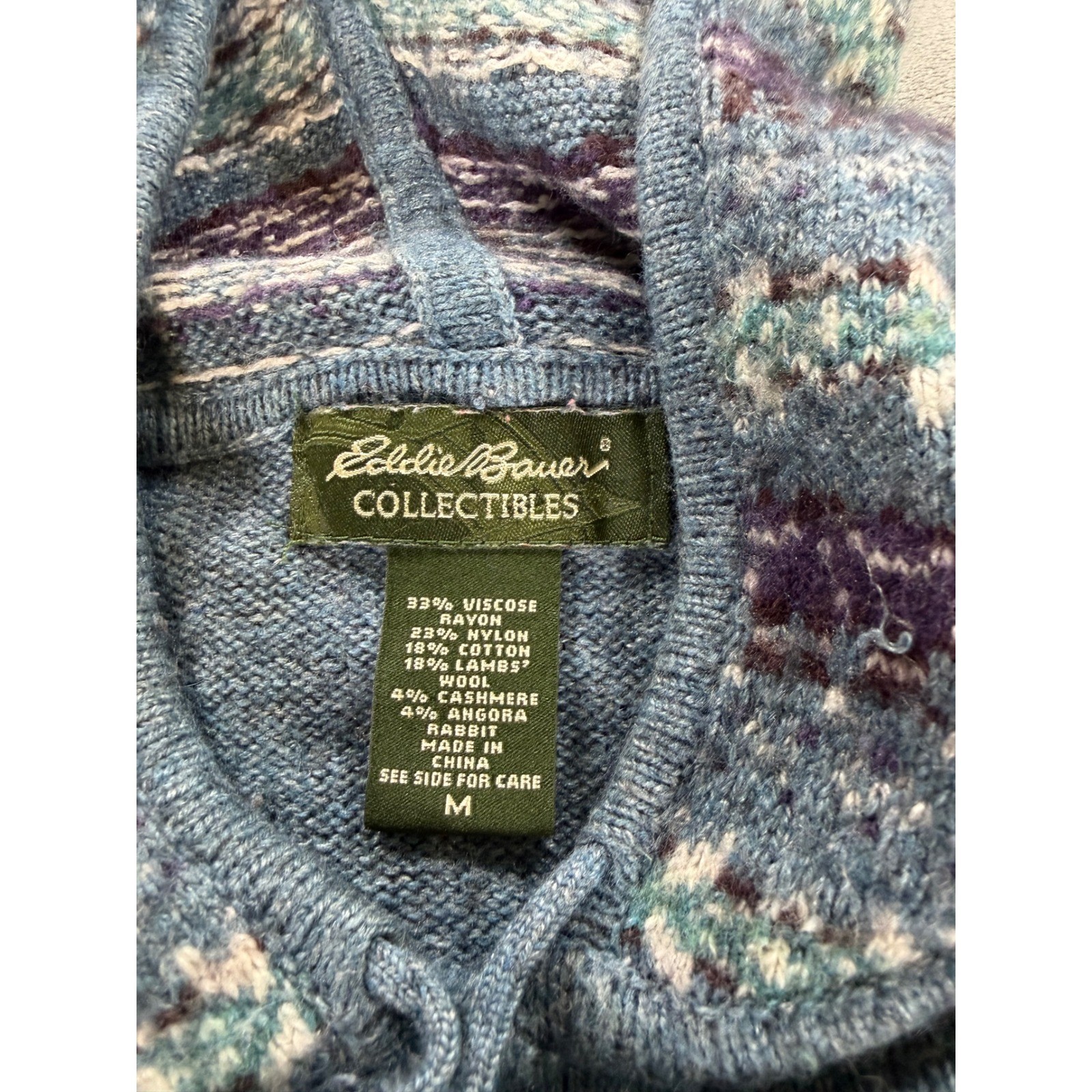 VTG Eddie Bauer Sweater Womens M Blue Lambswool Angora Cashmere Fair Isle Hoodie