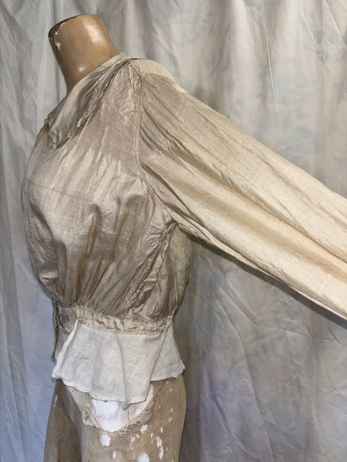Antique Edwardian Victorian Women’s Taupe Silk Blouse Shirt Top As Found