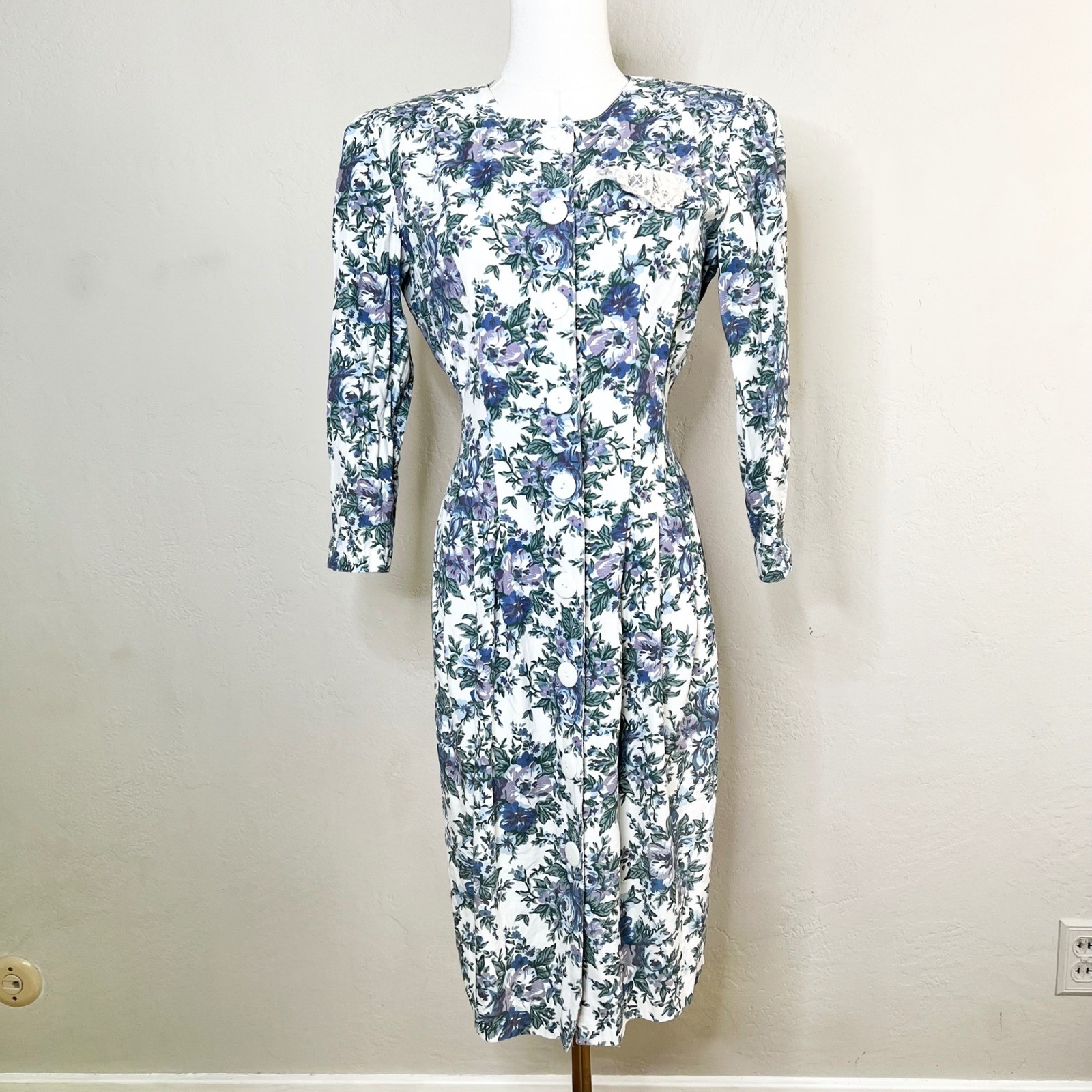 Vintage Jonathan Martin Knee Length Dress Floral Button Front Sz 7/8 White Blue