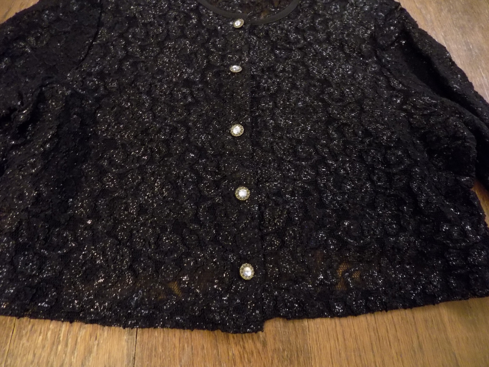 Shar ADE Nites Black Metallic Sparkle Holiday Sheer Lace Button Front Jacket 14W