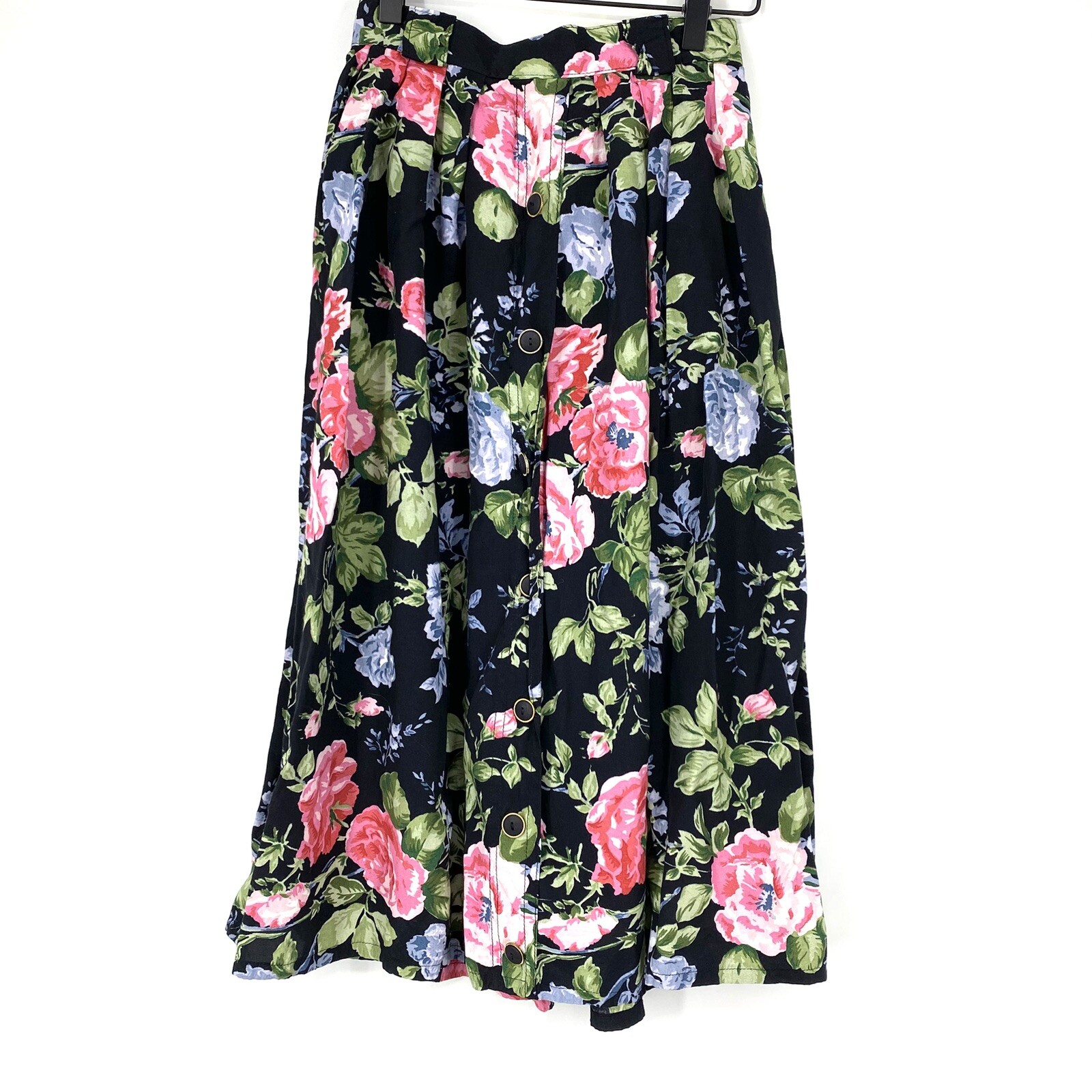 Vintage Clover Collection UK 12 (US 8) Midi Skirt Black Floral Button Front