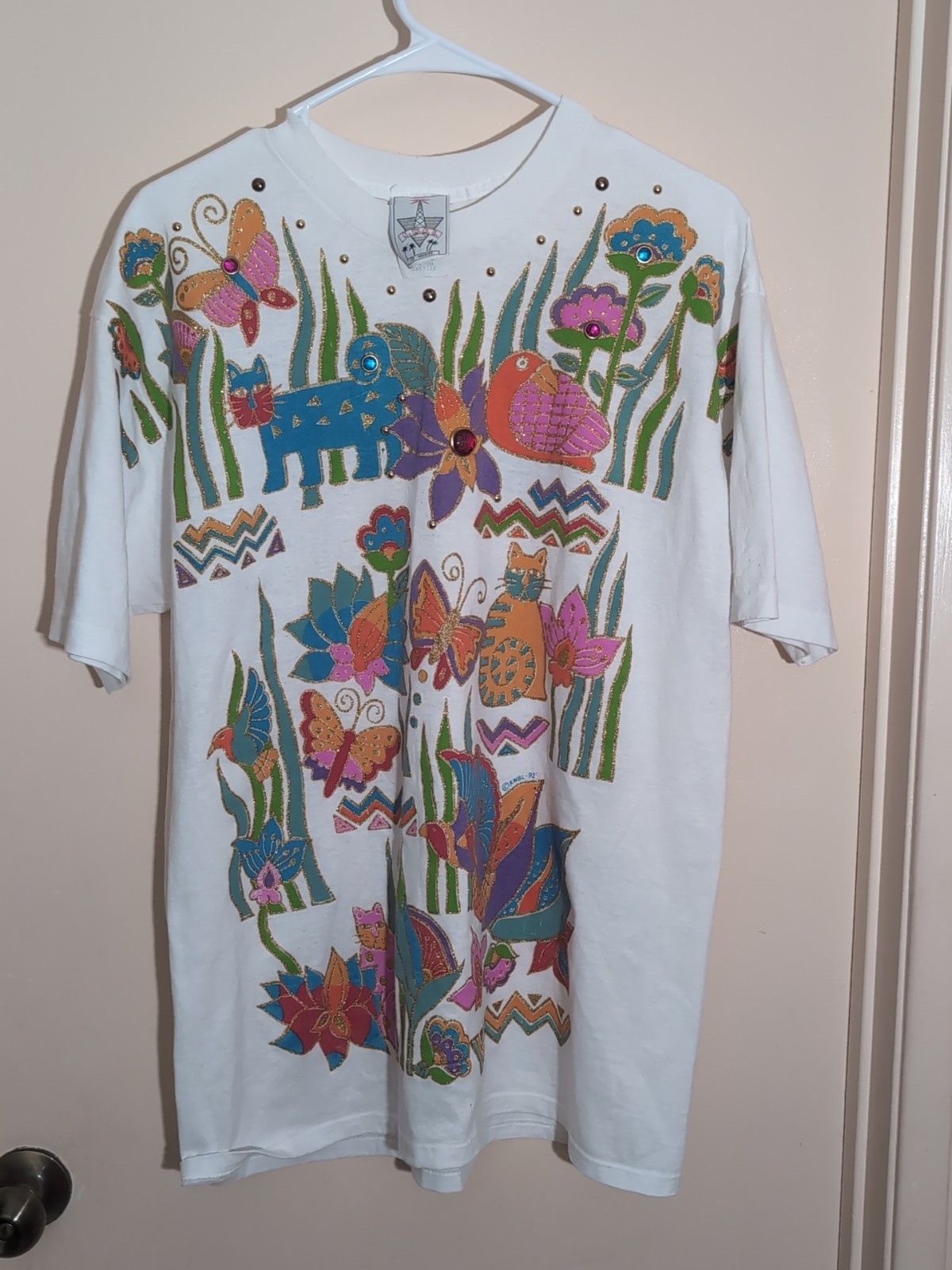 Vintage 80s/90s White T-Shirt Colorful Beaded Glitter Animal & Floral Design M/L