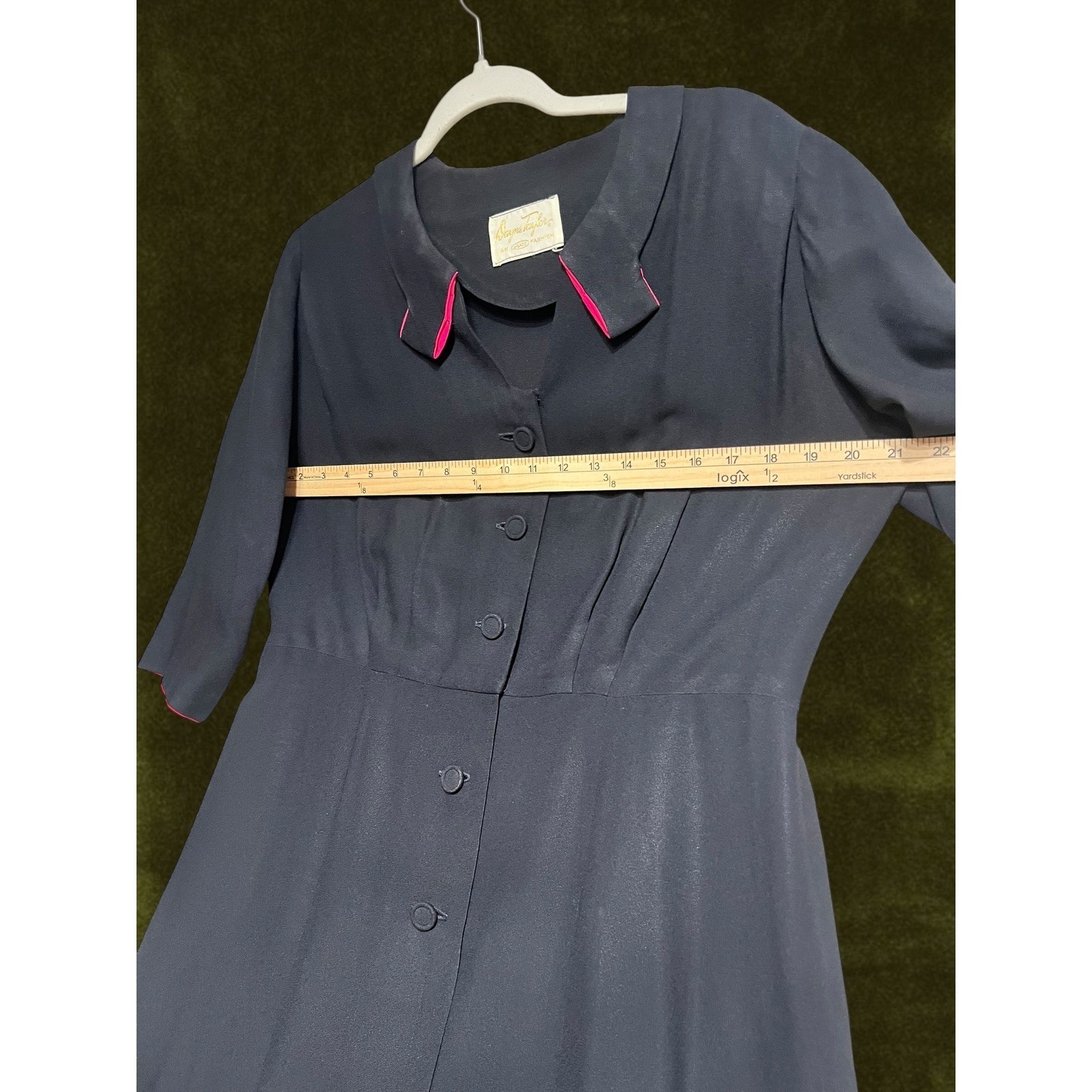 Vintage 1950s Rogers Taylor Navy Blue Fuchsia Pink Trim Fit Flare Dress Mid-Mod