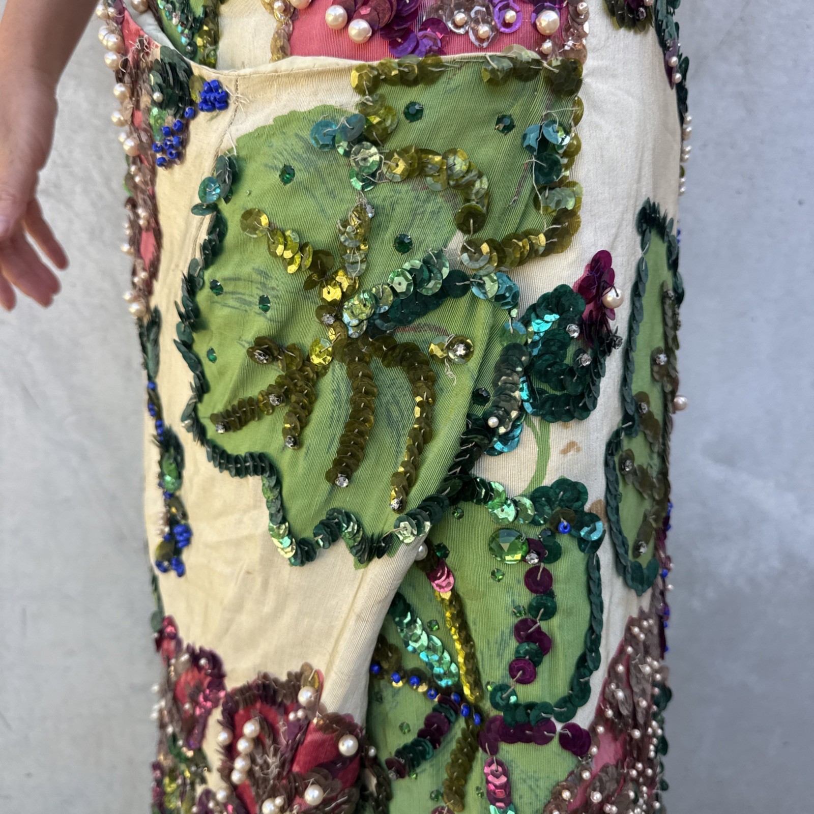 Vintage 1930s Painted Skirt Rhinestones Beading Pearls Flower Showgirl Burlesque