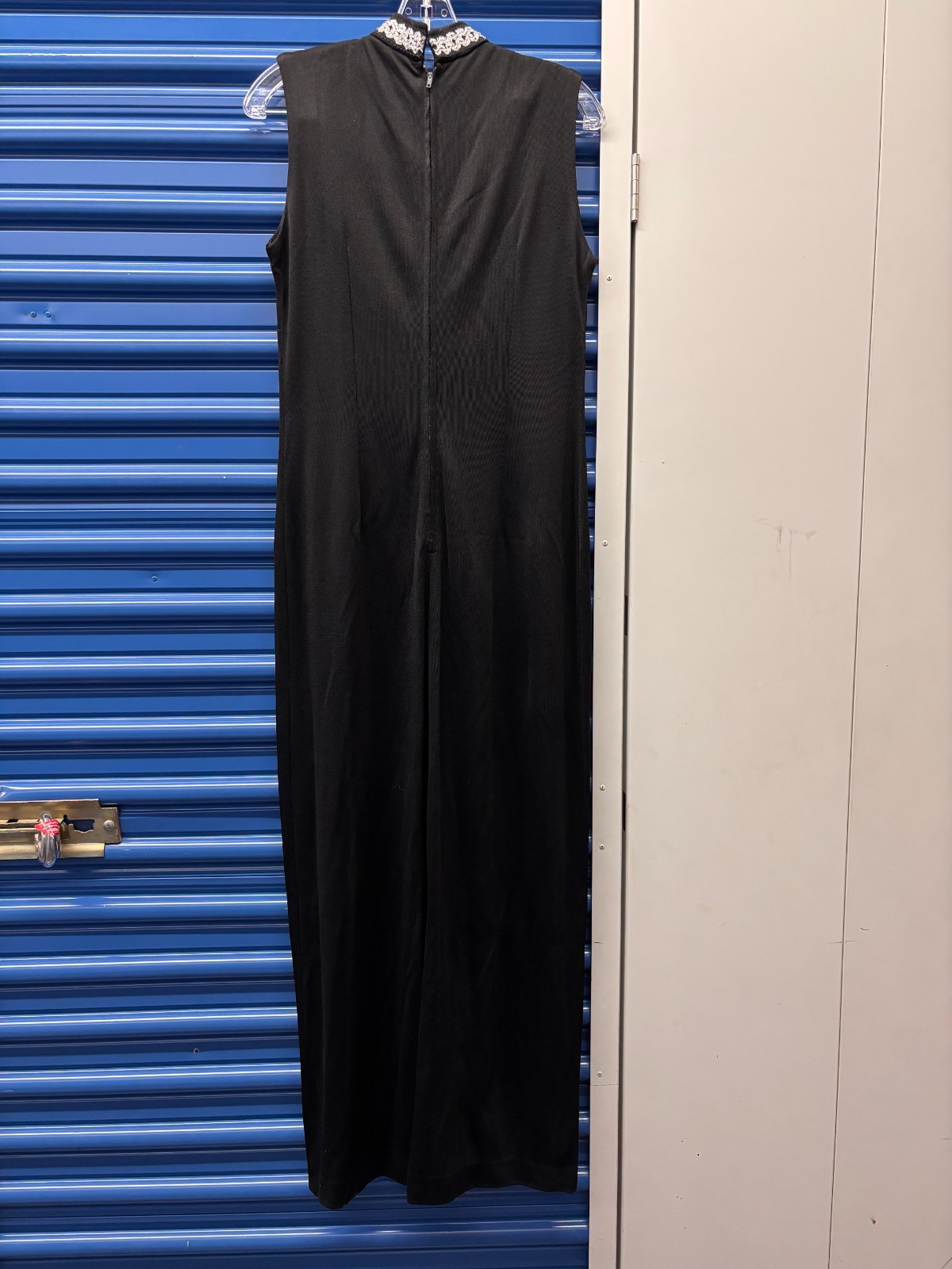 Vintage 70s Black Maxi Dress Mock Neck Metallic Trim Slit L Disco Sonny & Cher