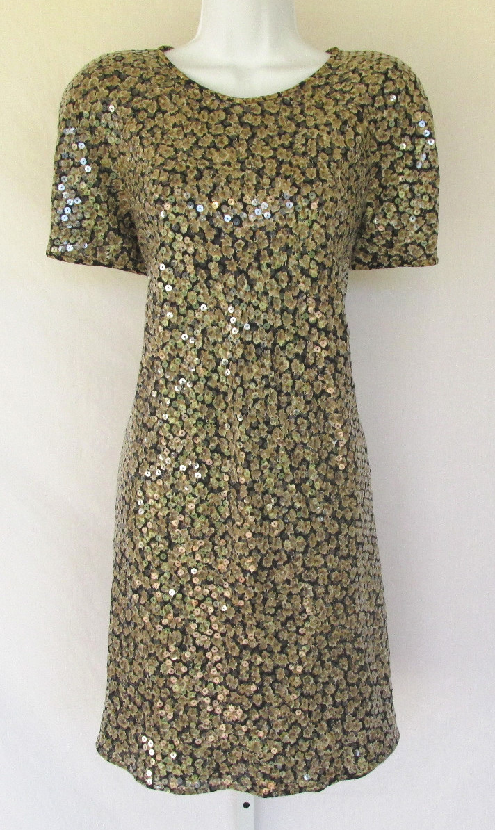 VINTAGE 1960s 70s MOD DRESS SILVER THREADS SEQUINS BLACK KEY HOLE SEQUINS TAN