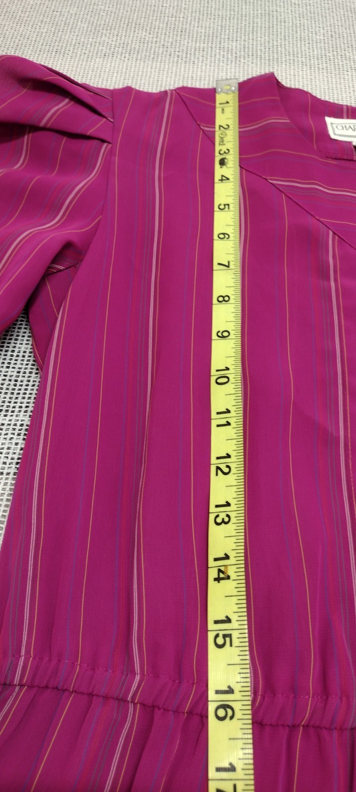 70s 80s Dress Pink Fuchsia Stripes Sheer Short Puffy Sleeve 40s 3/4 Sleeves M