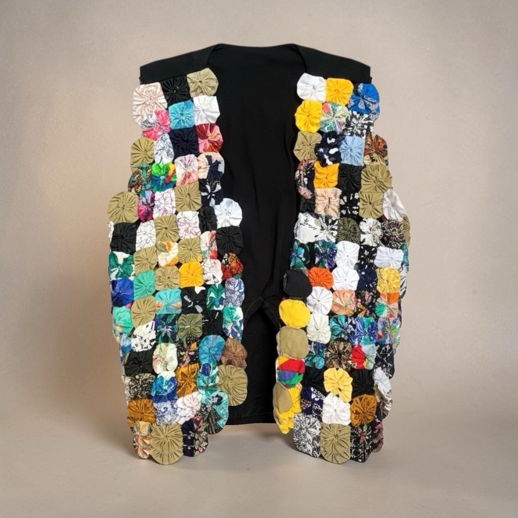 VTG BOHO 1970’s Colorful Handmade YoYo Rosettes Women’s Vest L/XL Rayon