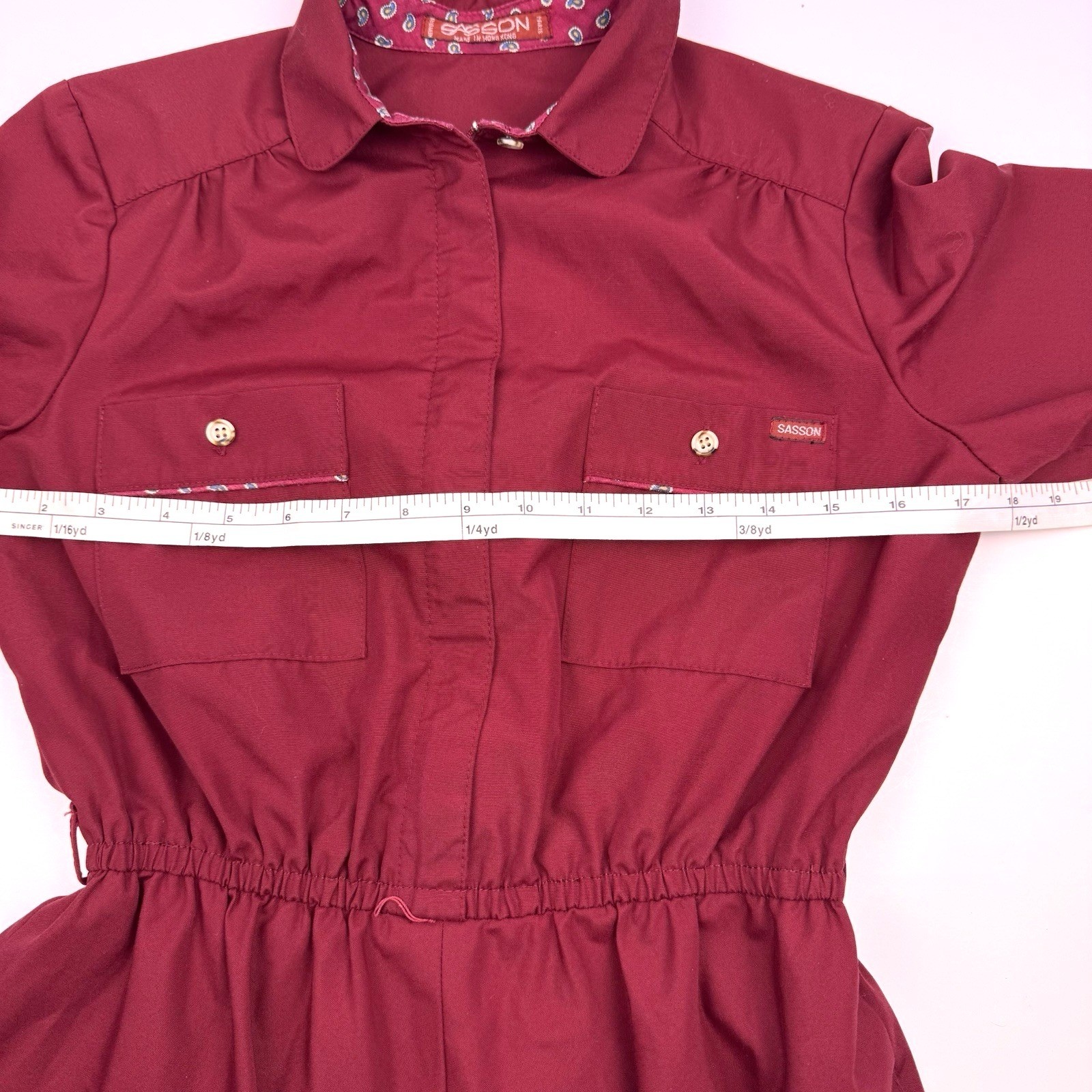 Sasson Short Sleeve Shirt Dress Vtg 70’s Maroon Paisley Trim Cotton Retro Preppy