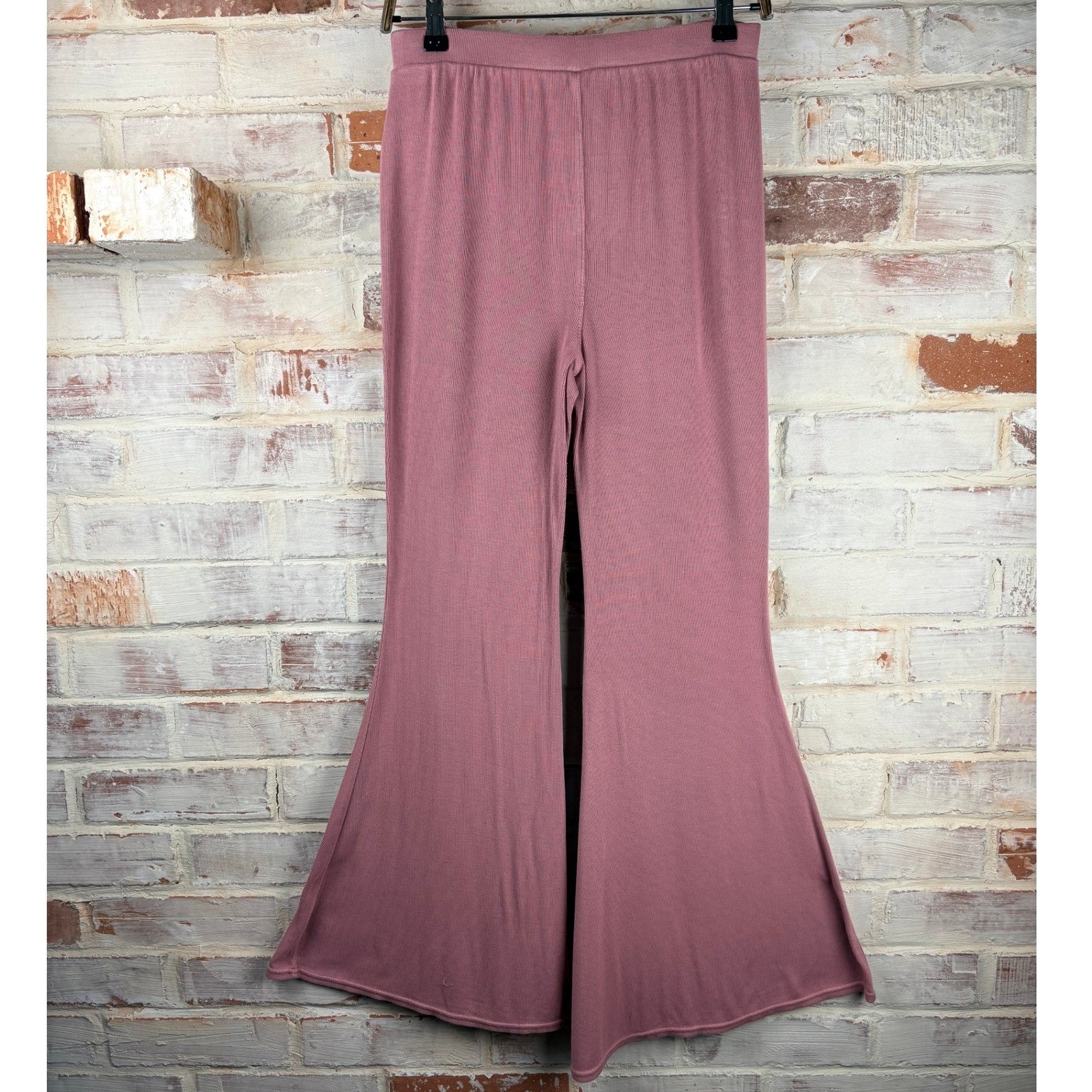 Free People Mauve Ribbed Knit Bell Bottom Flare Pants Size Small Boho 70s Retro