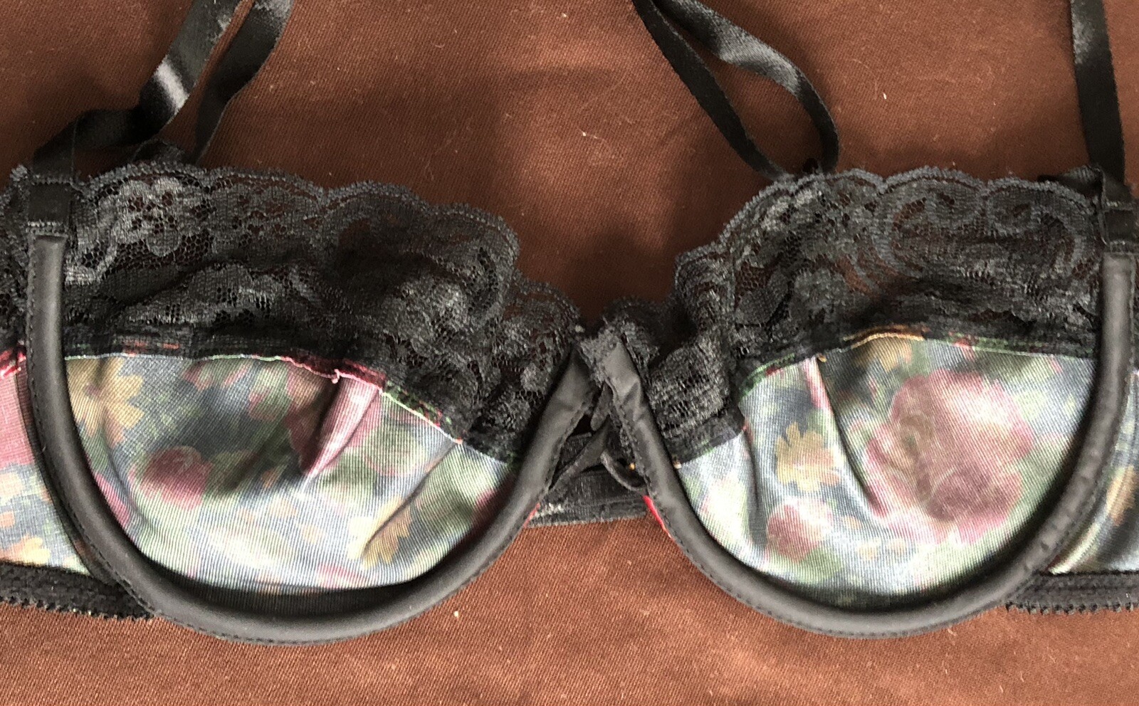 LILY OF FRANCE by DOLORES 34C Black Floral BALCONETTE UW Bra #1315X VTG NWOT