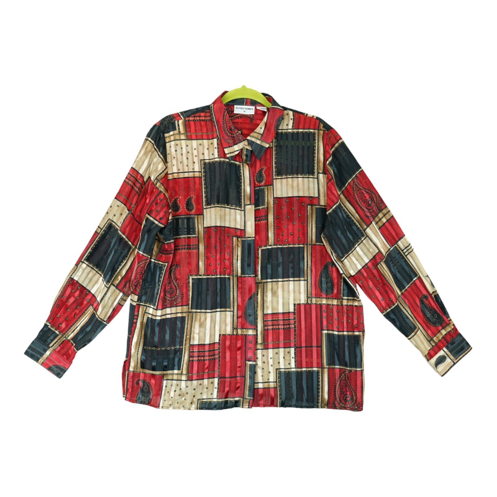 Vintage Dress Shirt Sz 16 Red Black Gold Satin Chiffon Shiny Long Sleeve Blouse