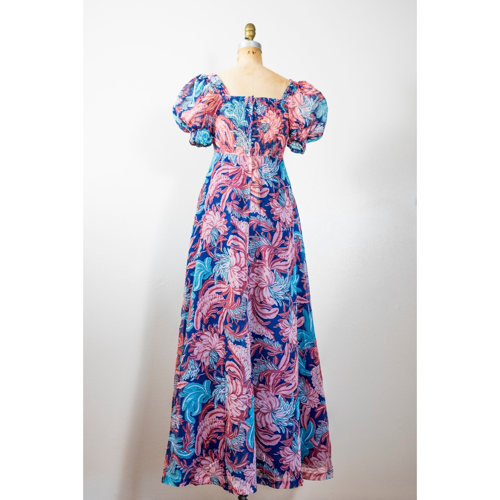 Vintage 70s Puff Sleeve Floral Maxi Dress Pink Blush Blue, Sheer Muslin Gauze XS