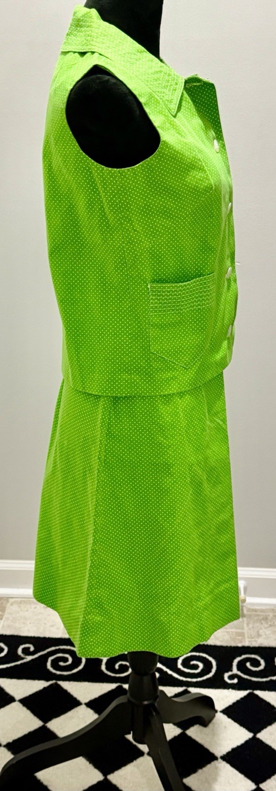 Vintage 1970s Women’s Heavy Cotton Green & White Polka Dot 2 Piece Top/Skirt