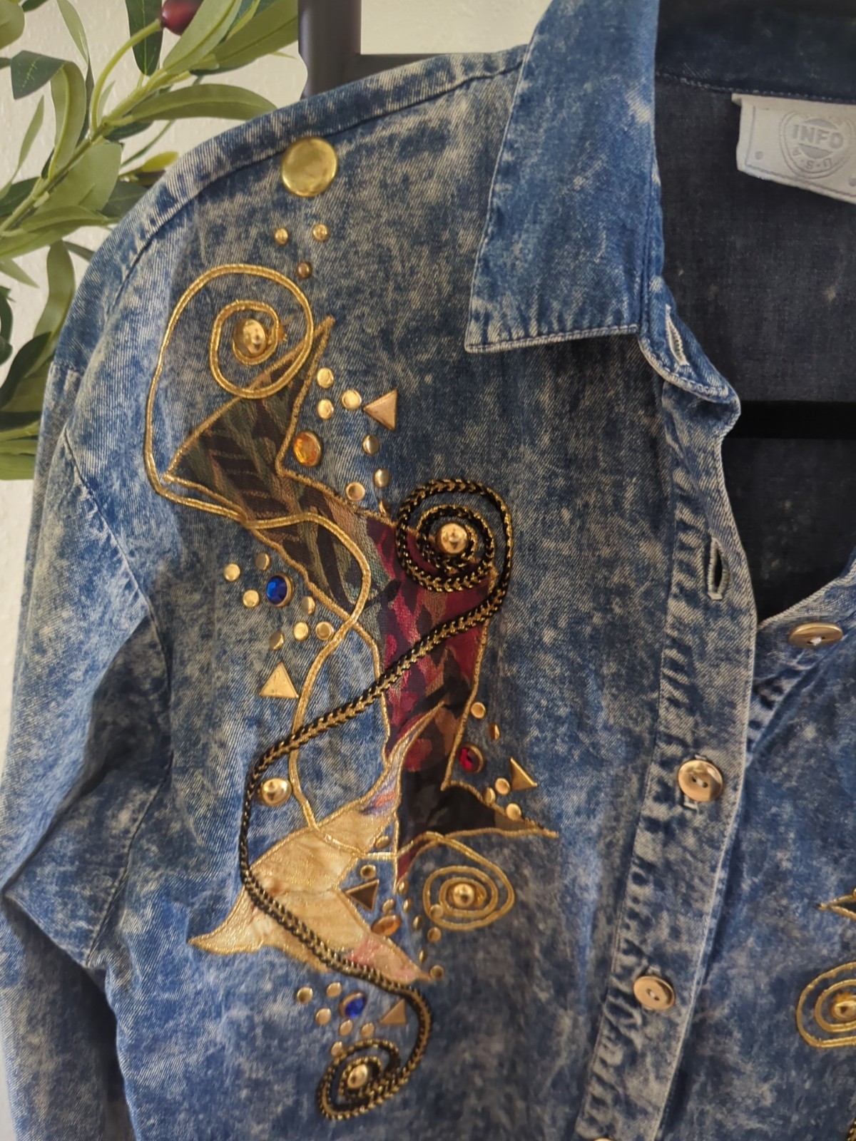 Info Vintage Acid Wash Denim Beaded Floral Shirt Betty Bleu Padded 1990’s Mom