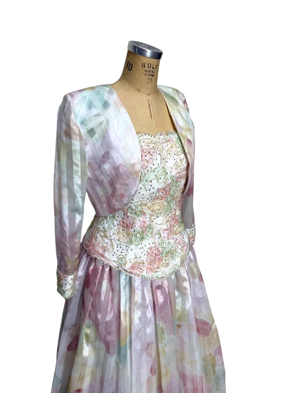 Vintage 80s Rose Taft Couture Fashions gown pastel beaded strapless with bolero