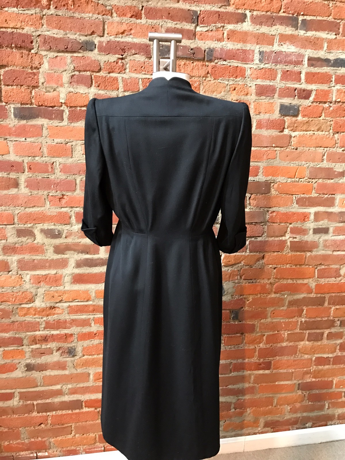 Vintage 1940’s Black Wool Dress leather Aapplique 3/4 sleeve Couture Movie Star