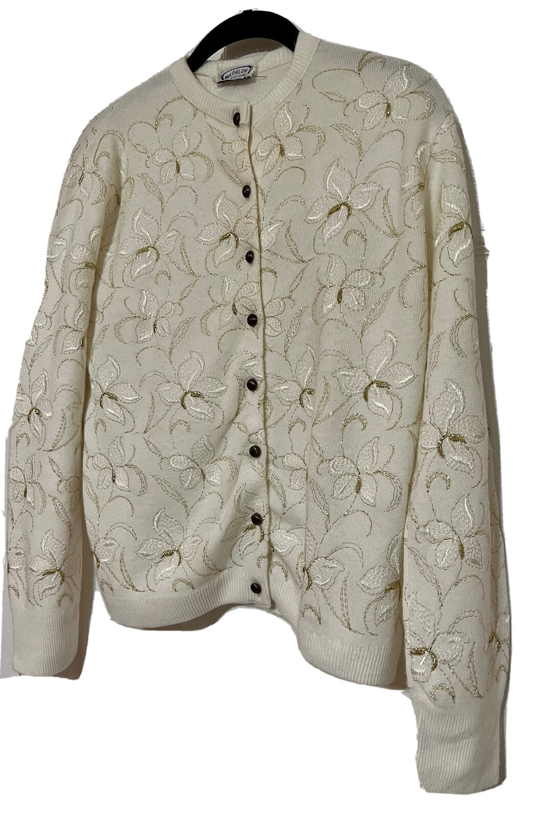 Vintage 1960s Orlon Acrylic Cardigan Sweater M Gold Metallic Stitched Union USA