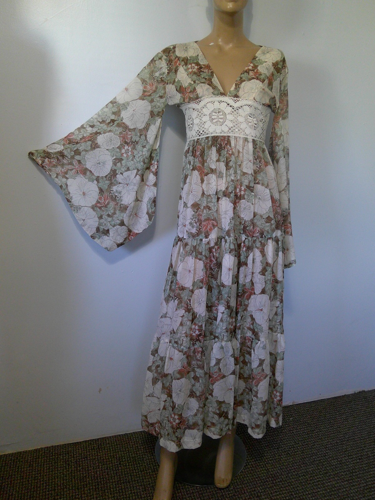 RARE Vtg Gunne Sax Jessica S.F Prairie Angel Slv Tiered Floral Lace Maxi Dress S