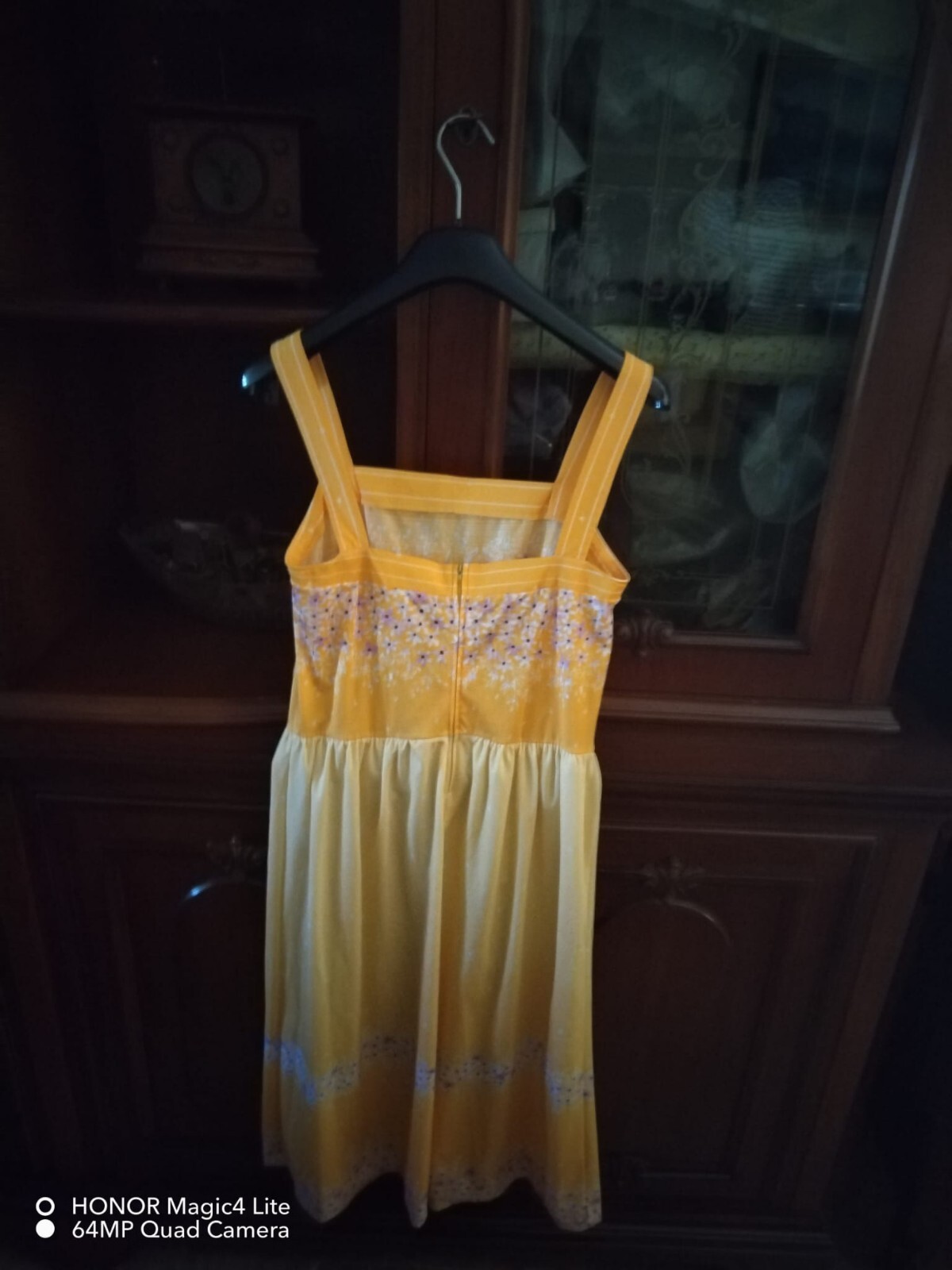 Yellow floral dress, vintage late ’70s, Corelle brand, size 46, made in Italy