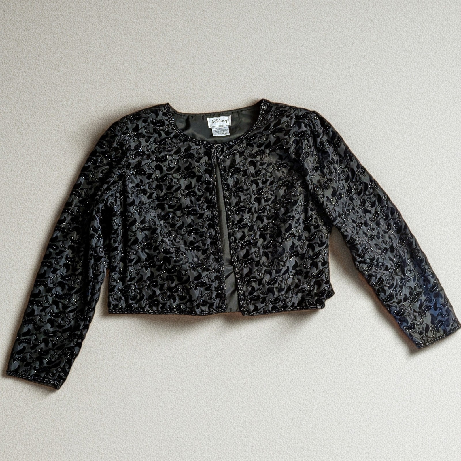 Vtg 80s Stenay Beaded Cropped Jacket M Fits L Black Devoré Paisley Open Evening