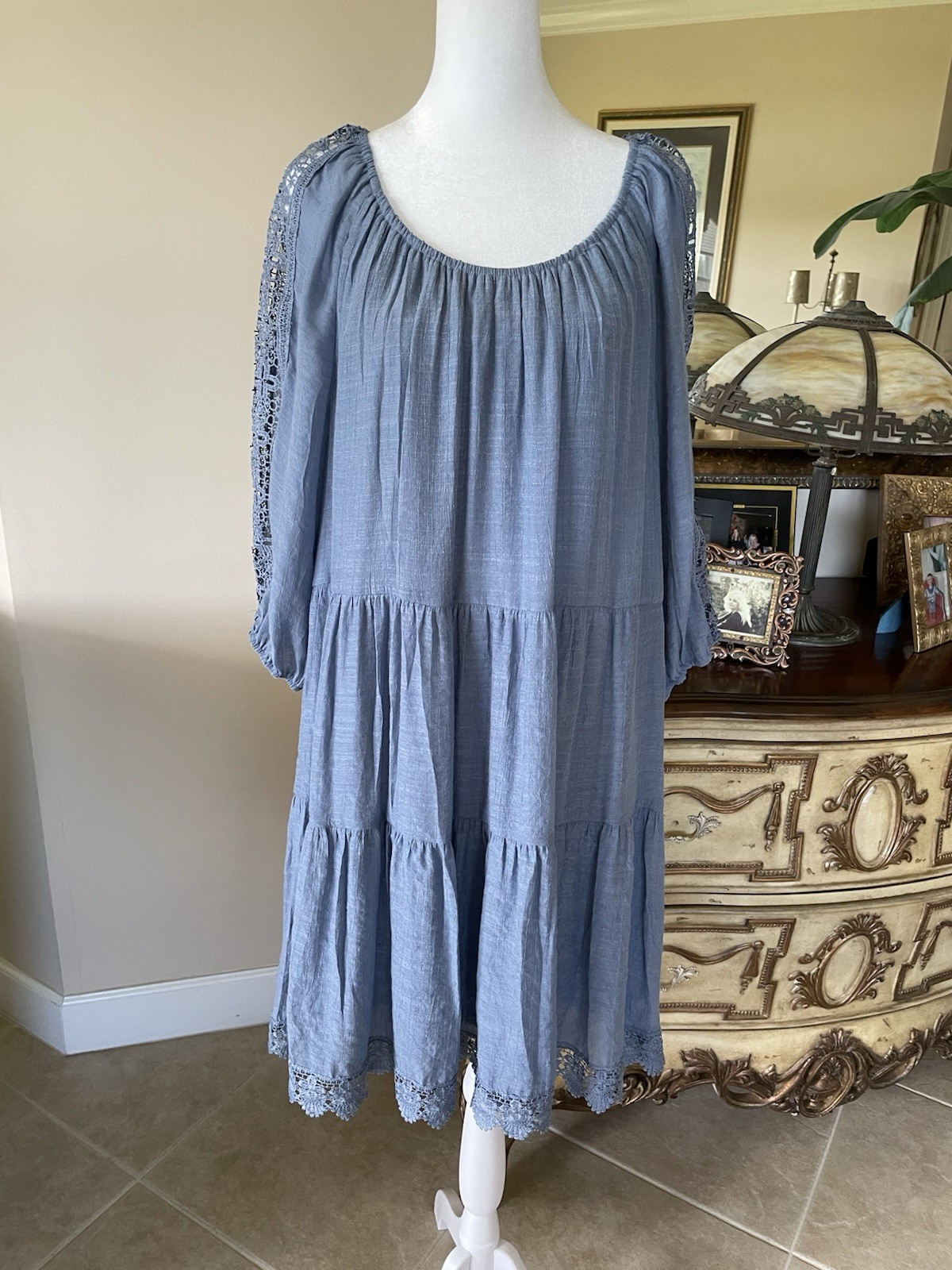 Old Navy Vintage Blue Rayon/Poly Pockets Tie Lined Boho Dress X/ L