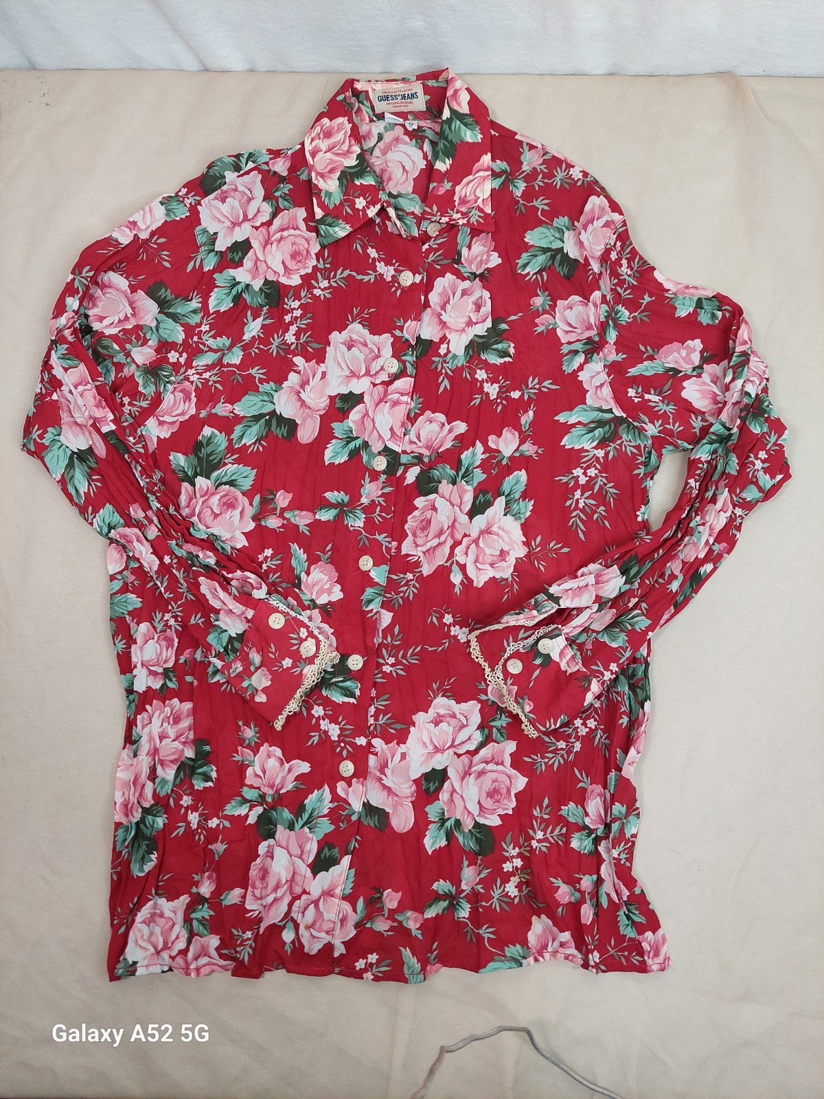 Vintage GUESS Jeans Floral Blouse USA S Red Pink Roses Button Up 90s Cottagecore