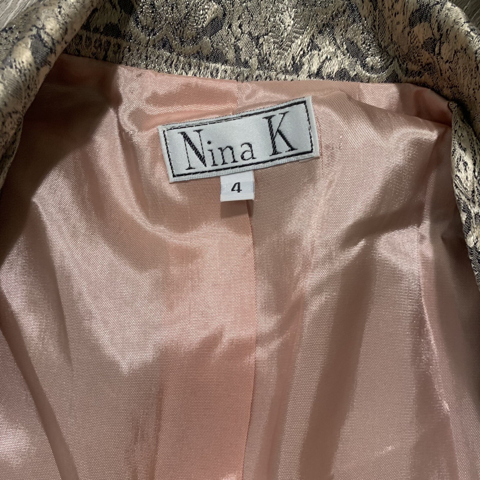 Vintage Nina K Silver Rayon Brocade Blazer Jacket Sz 4