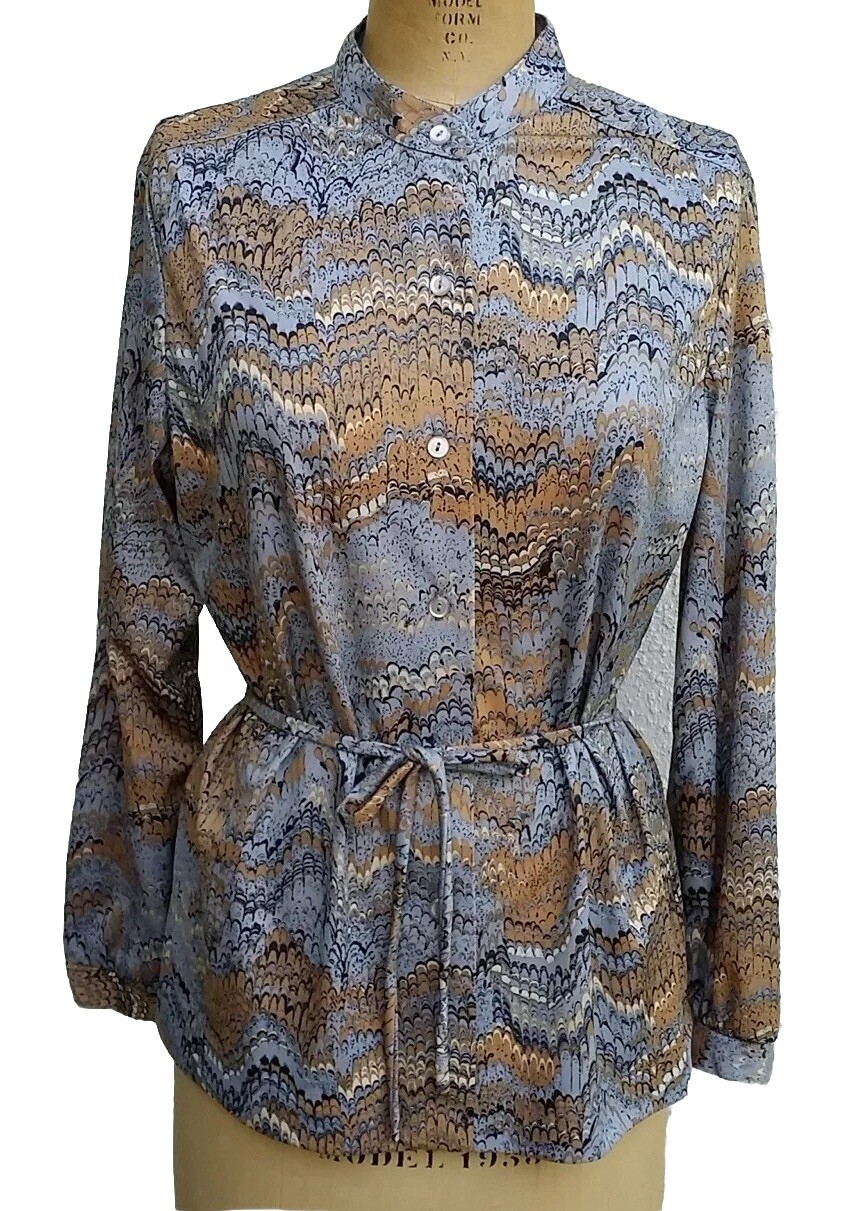 Vintage 1970s Marbleized Print Tunic LS Blouse Mandarin Band Collar Alex Colman