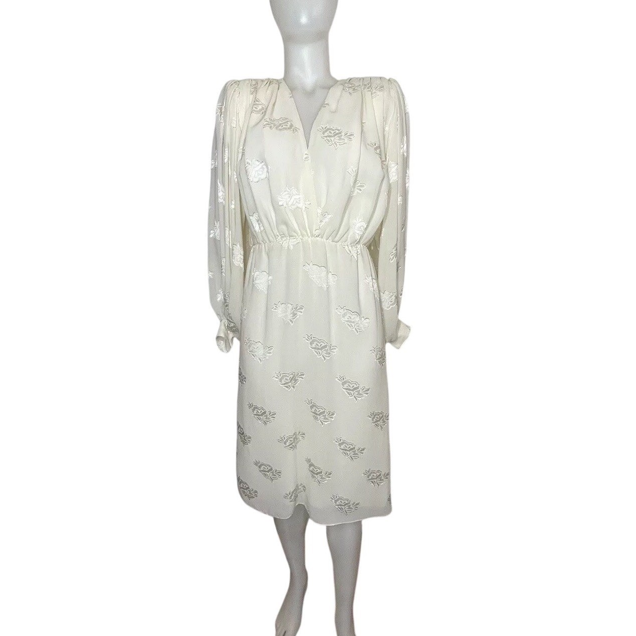 Vintage 80s Cachet Dress V Neck Top Wrap SZ 4 Balloon Sleeves Ivory (FLAWS