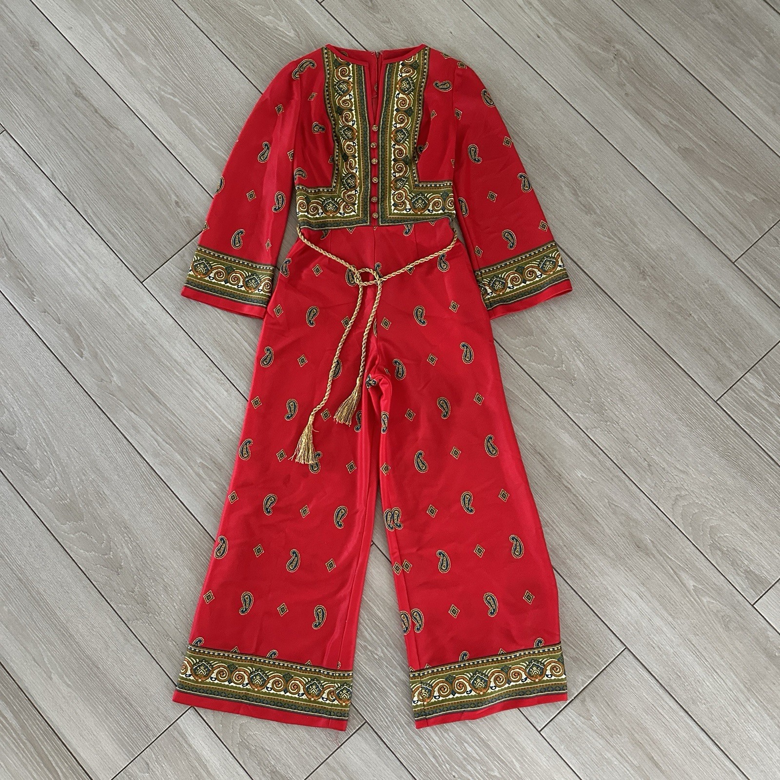 Vintage Mel Warshaw Miss Jane Miami Red Paisley Wide Leg Jumpsuit Gold Rope Belt