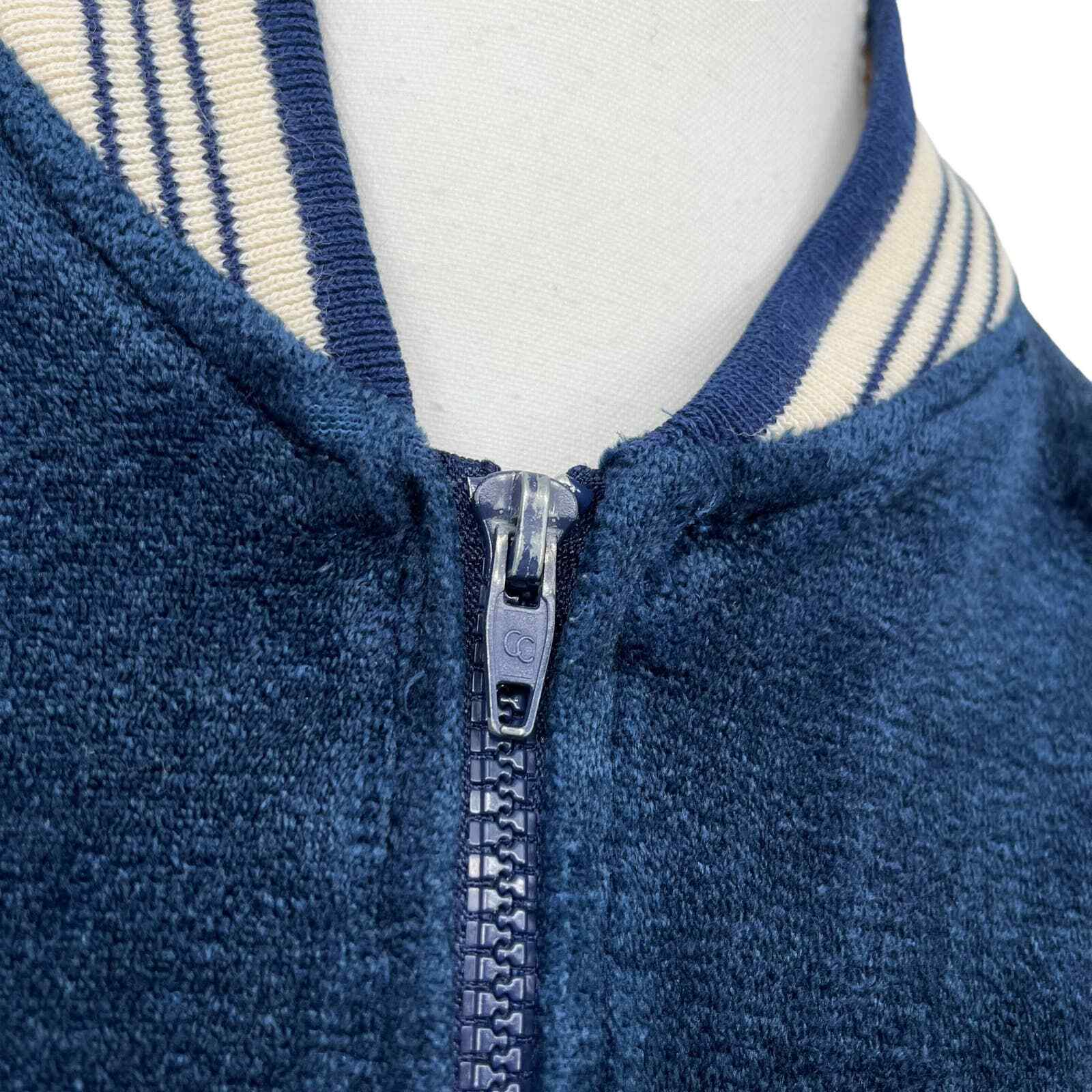 Vintage 70’s Track Jacket Terry Cloth Velour Full Zip Navy Stripe Large