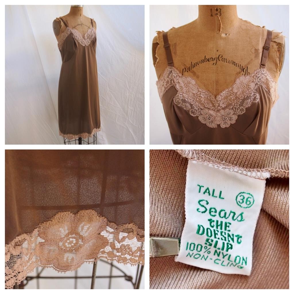 vtg SEARS Brown Full The Doesn’t Slip Dress Floral LACE Non Cling Nylon 36 Tall