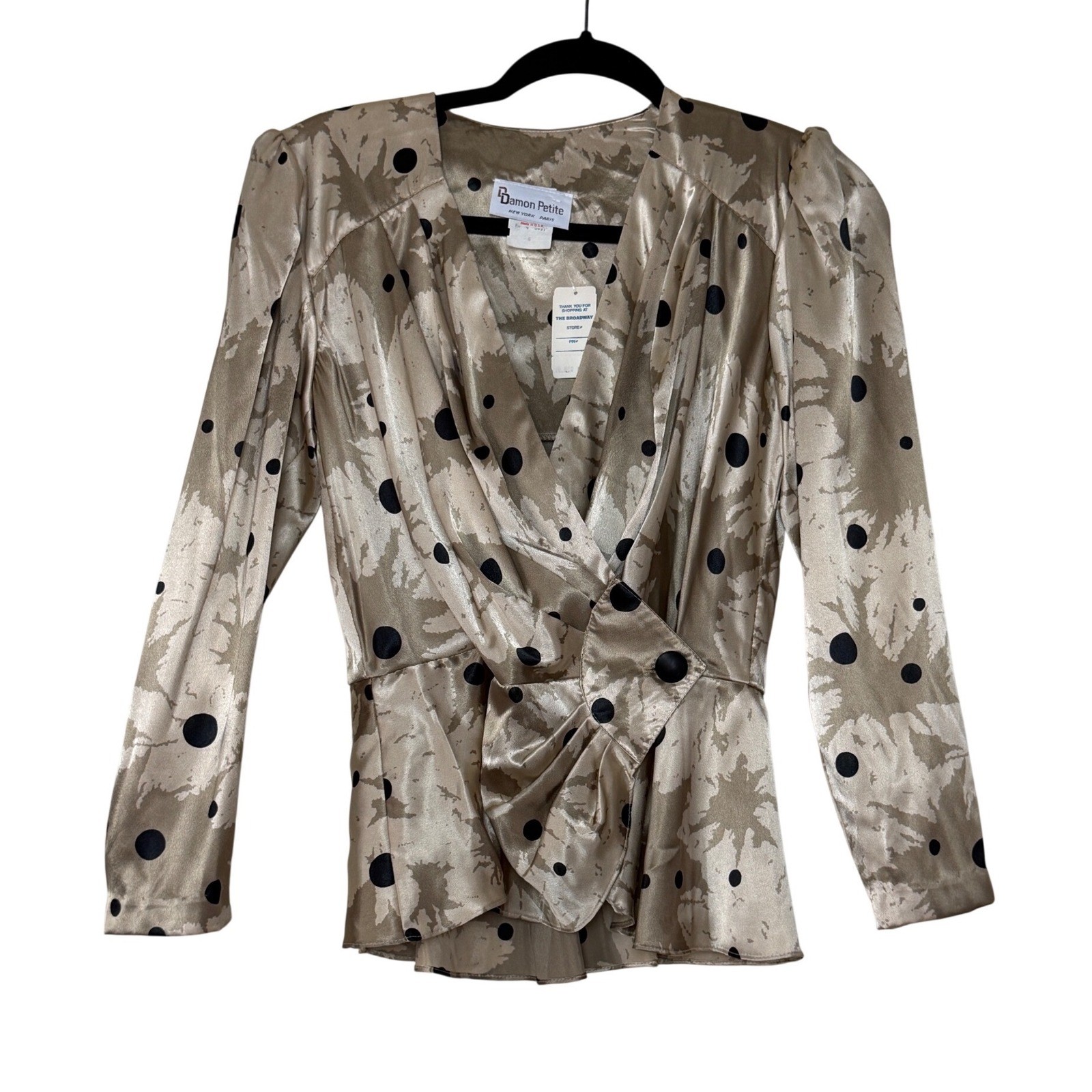 Vintage Damon Women’s Petite 80s Polka Dot Peplum Blouse Satin Size 6 Retro