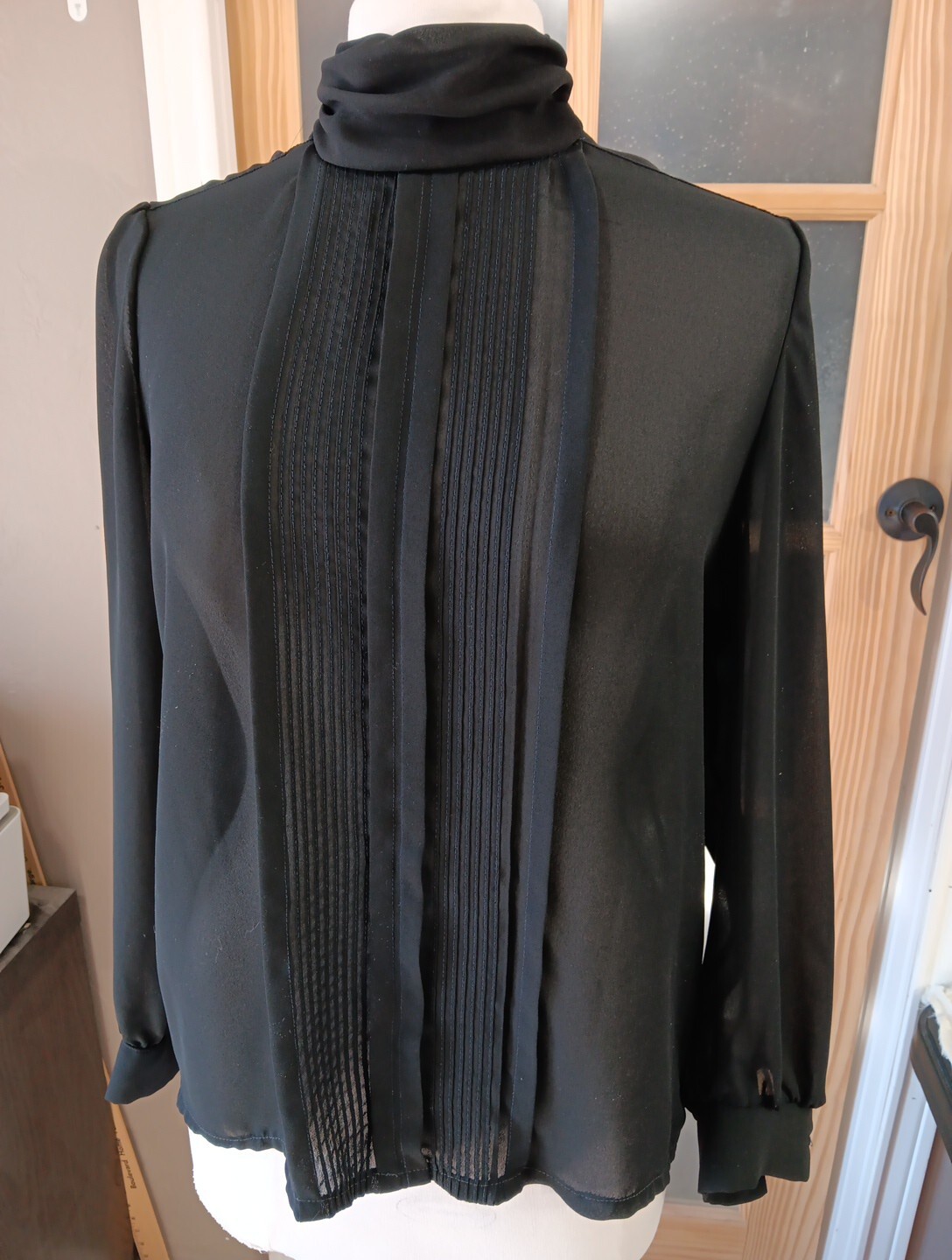 Vintage Sheer Blouse Black Sz 14 Union Label Rhonda Lee Pleated Button Back 70s