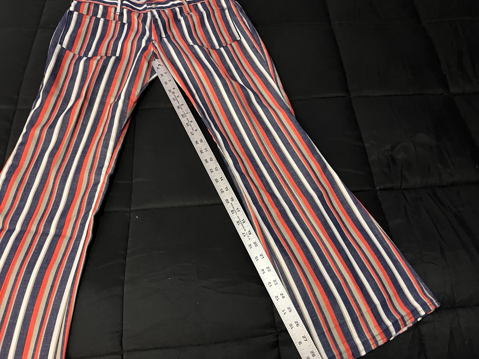 Vintage 70s Handmade Pants Black Orange & White Stripes 30×29