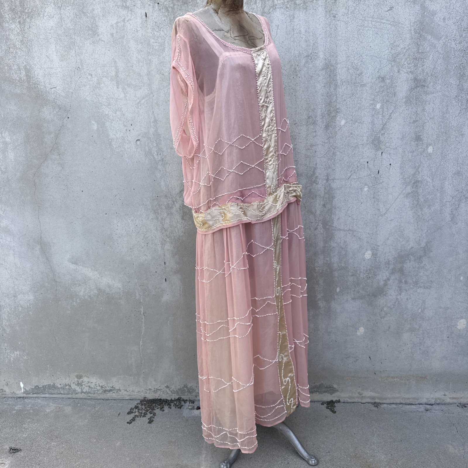 Antique 1920s Pink Silk Chiffon Dress Beaded Waves Oppenheim Collins Vintage